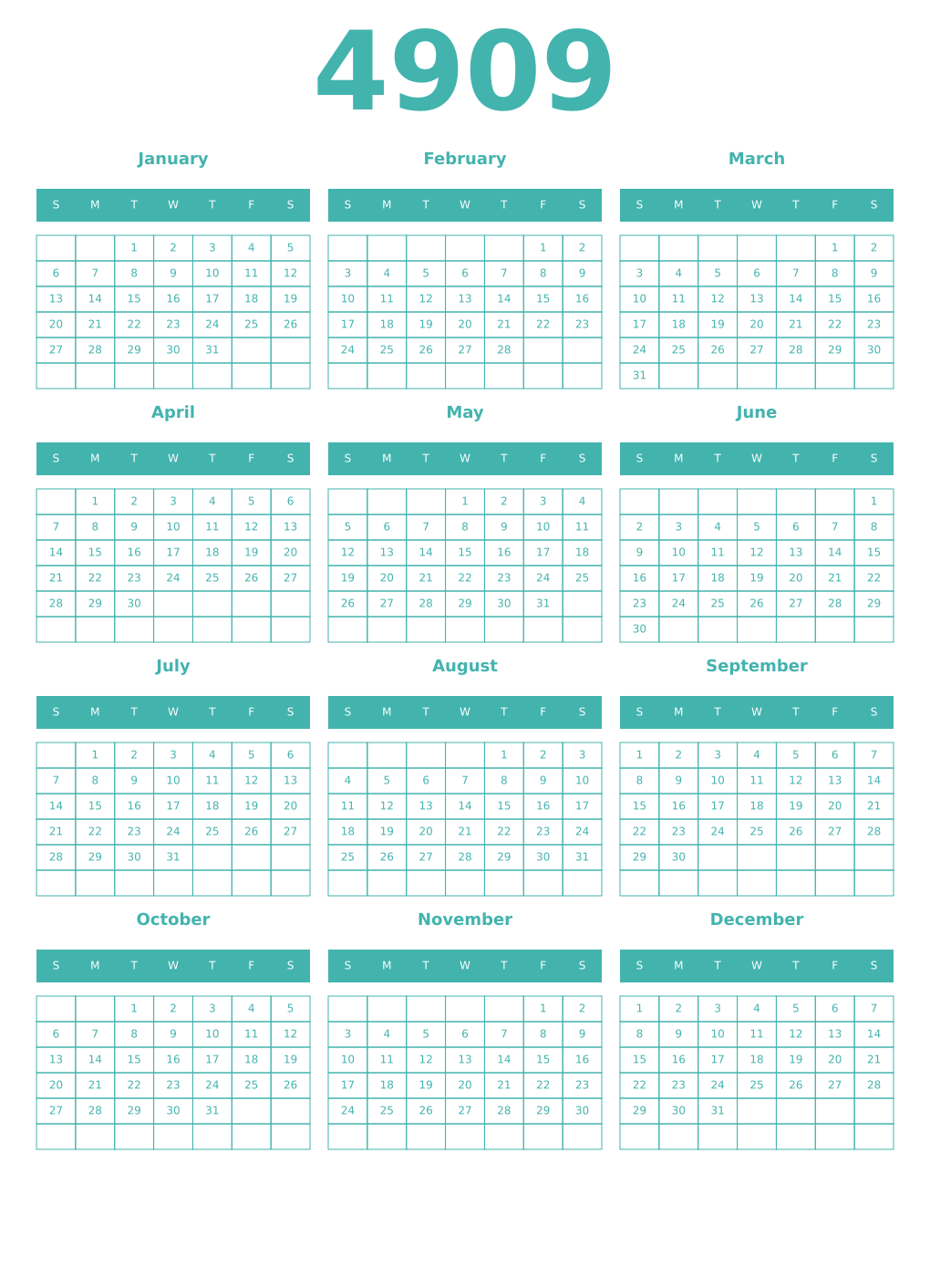 Printable 4909 Year Calendars verdigris