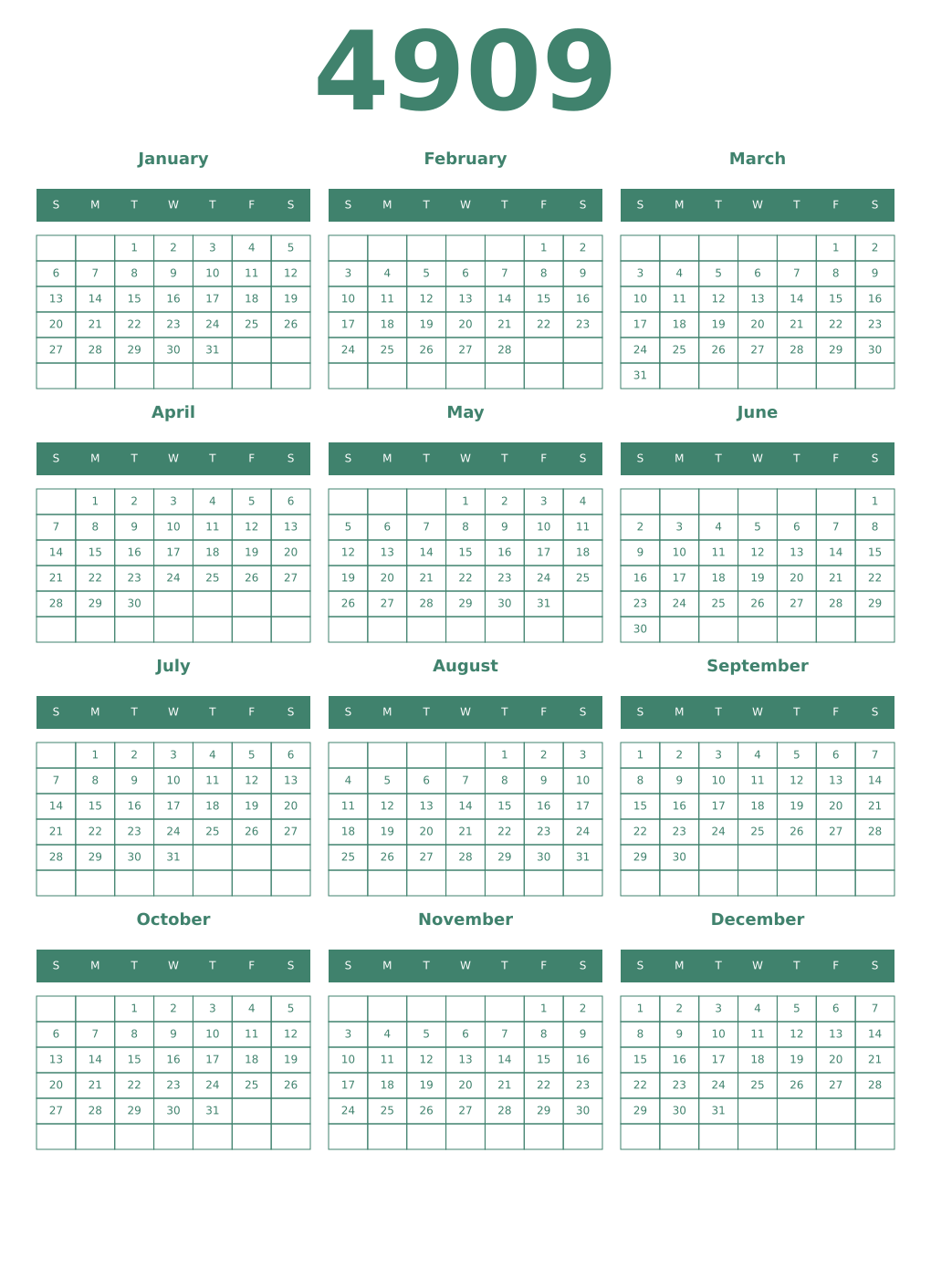 Printable 4909 Year Calendars viridian