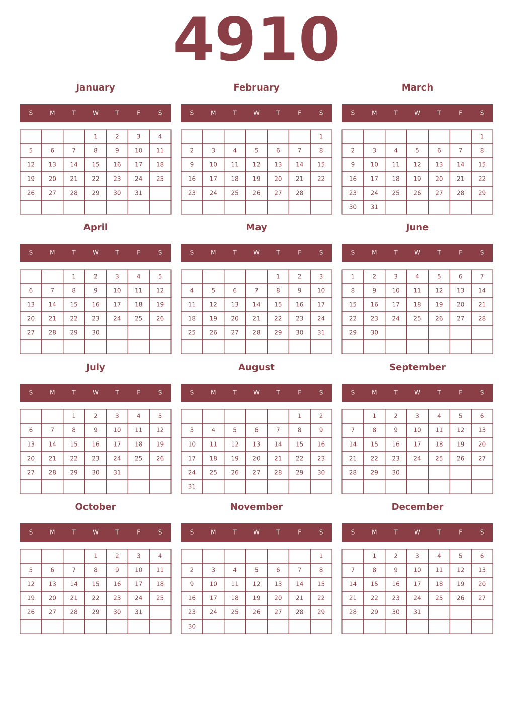 Printable 4910 Year Calendars cordovan