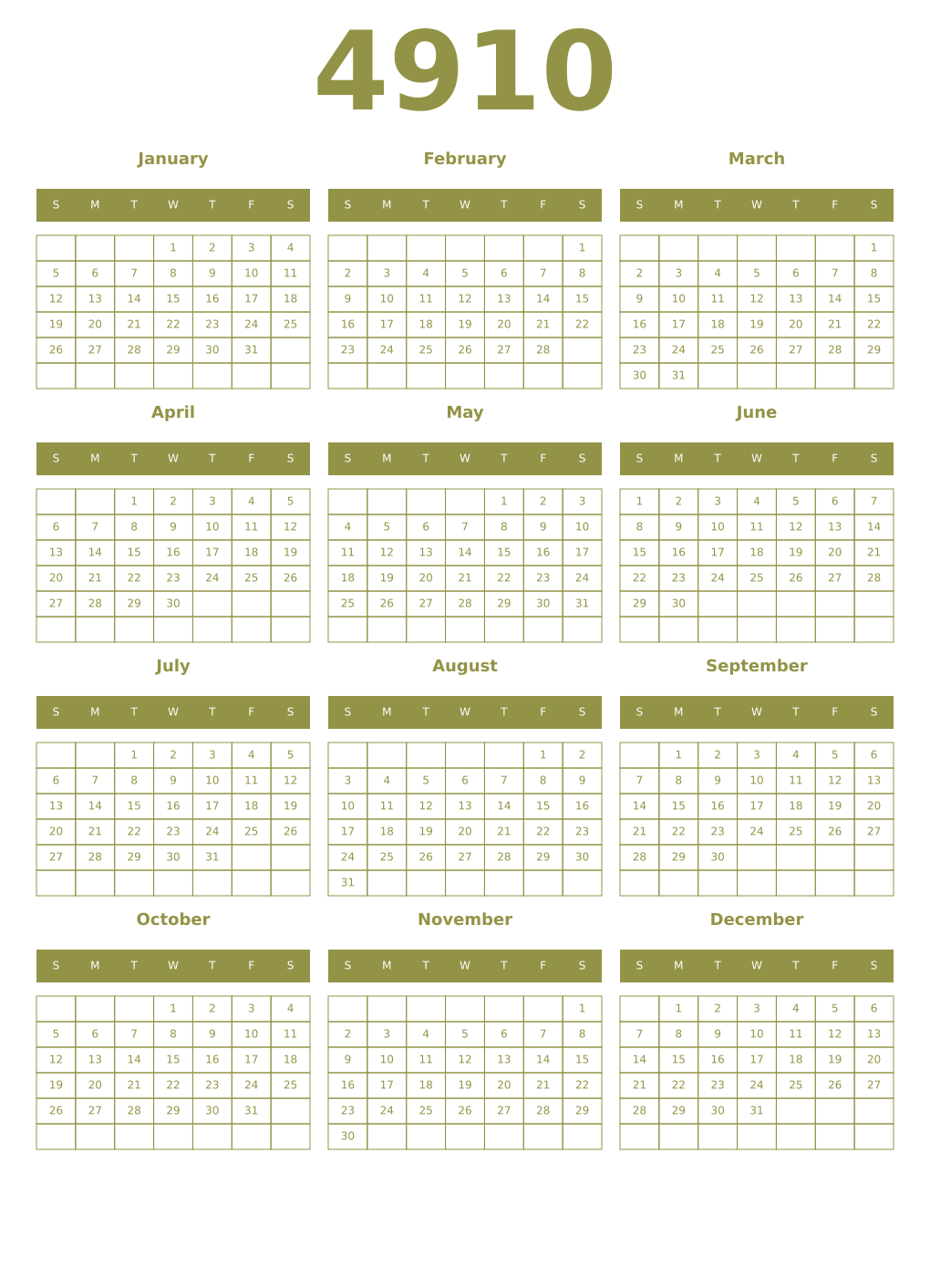 Printable 4910 Year Calendars eburnean