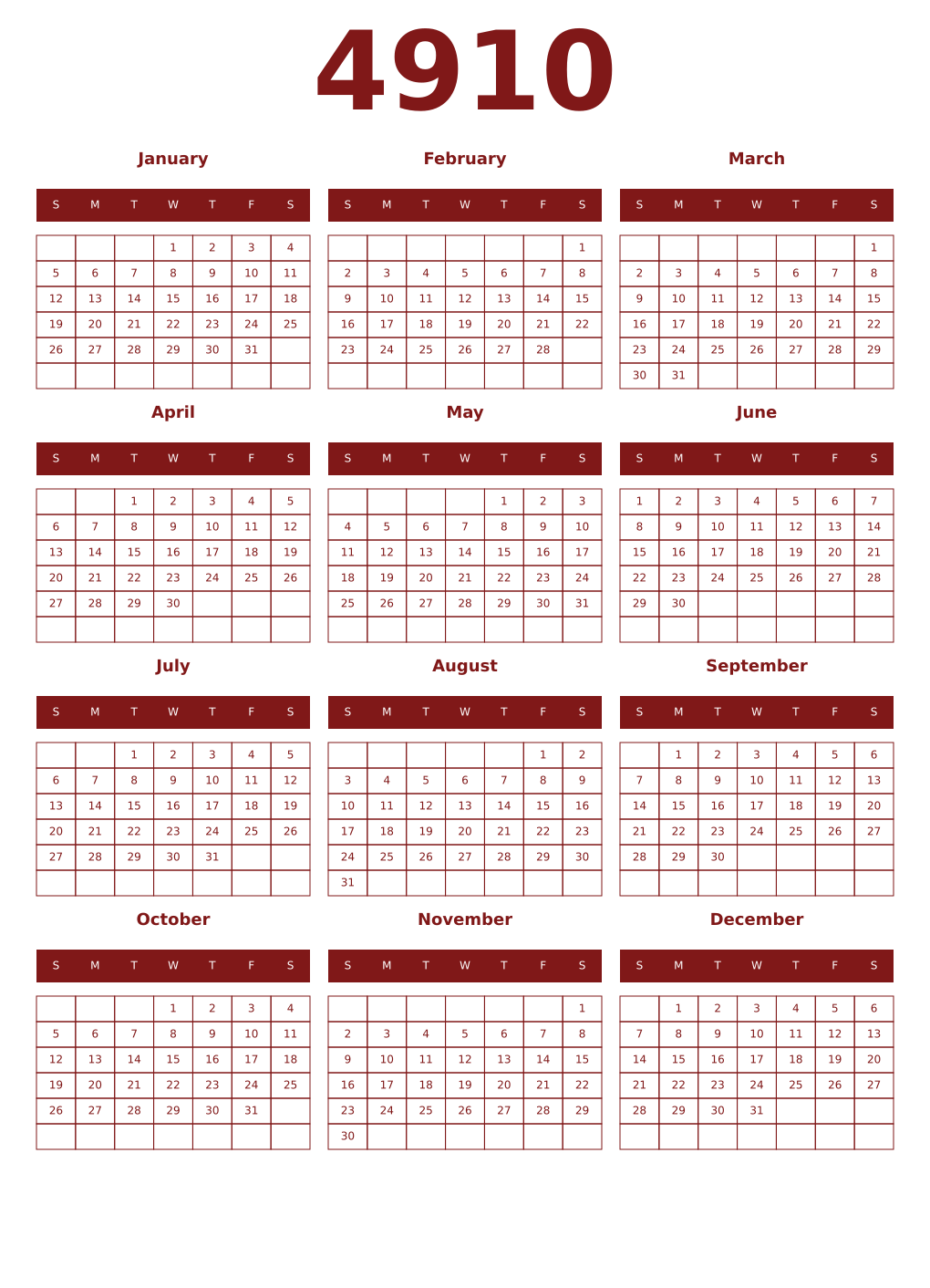 Printable 4910 Year Calendars falu
