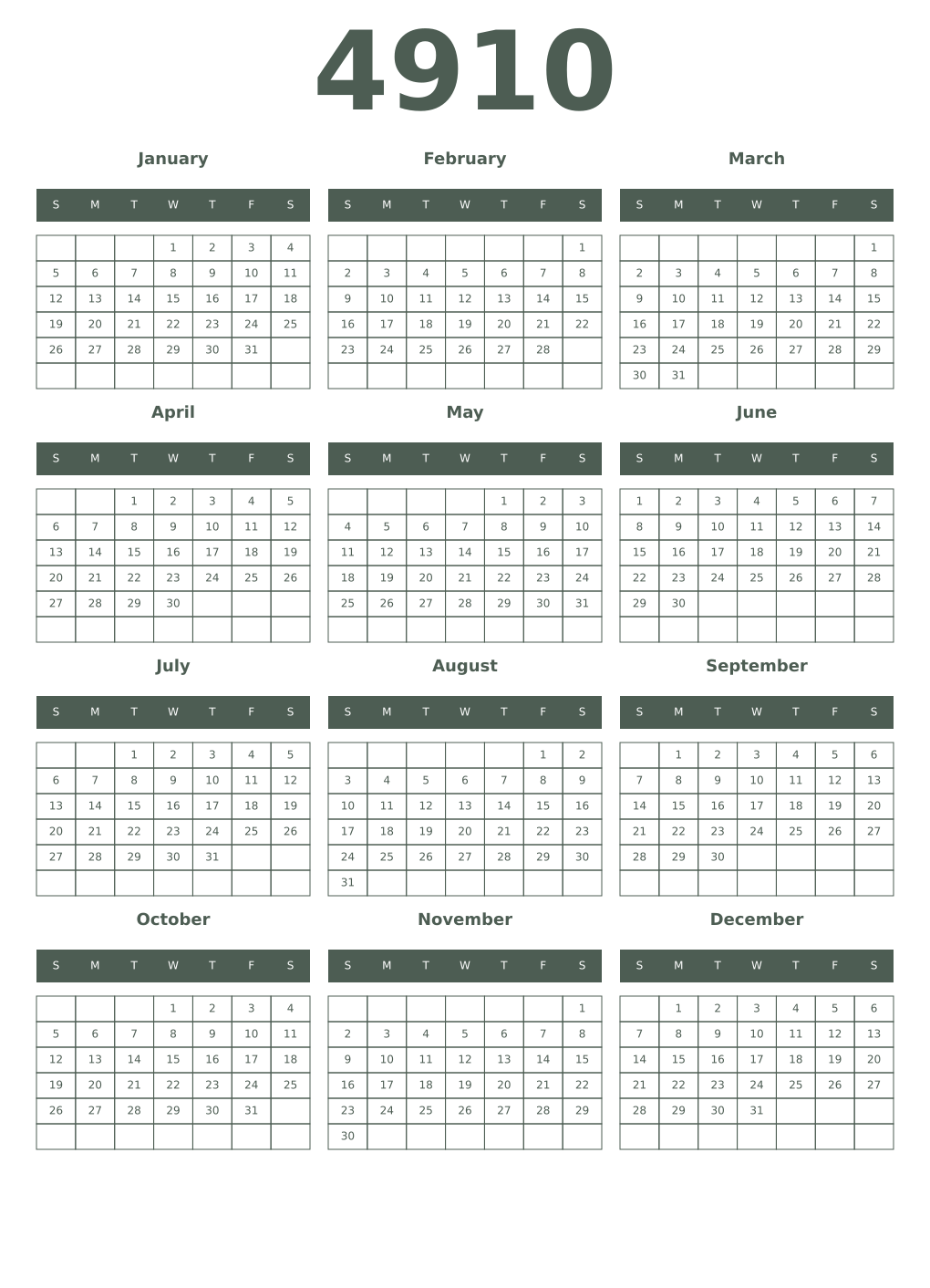 Printable 4910 Year Calendars feldgrau