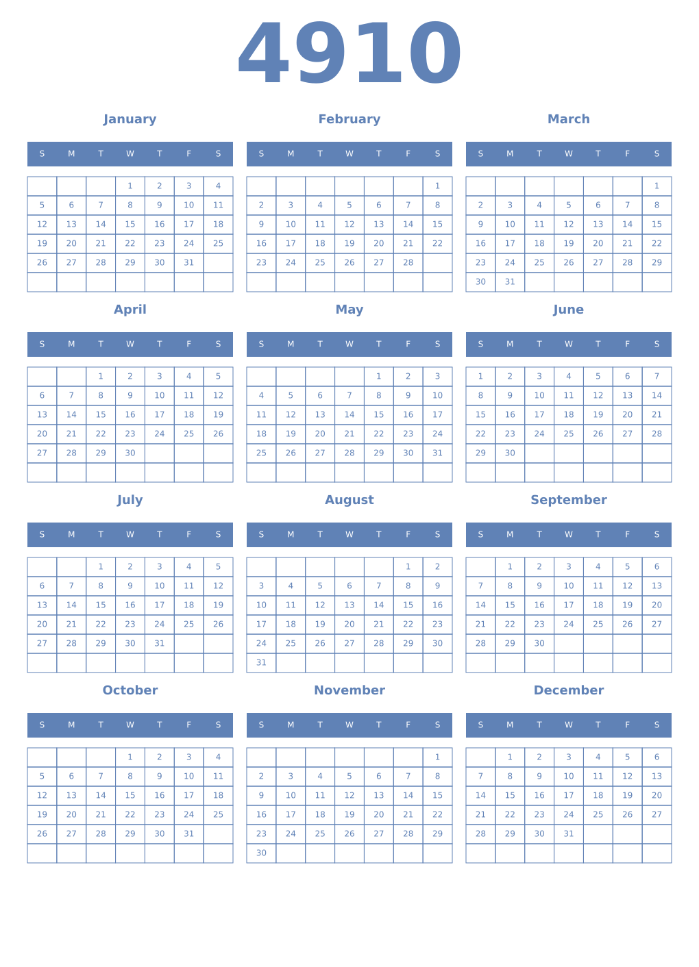 Printable 4910 Year Calendars glaucous