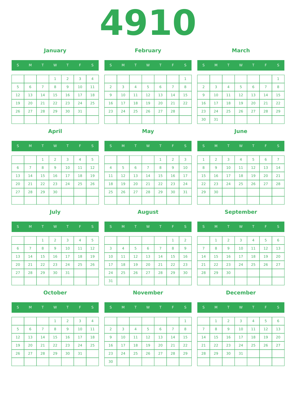 Printable 4910 Year Calendars green