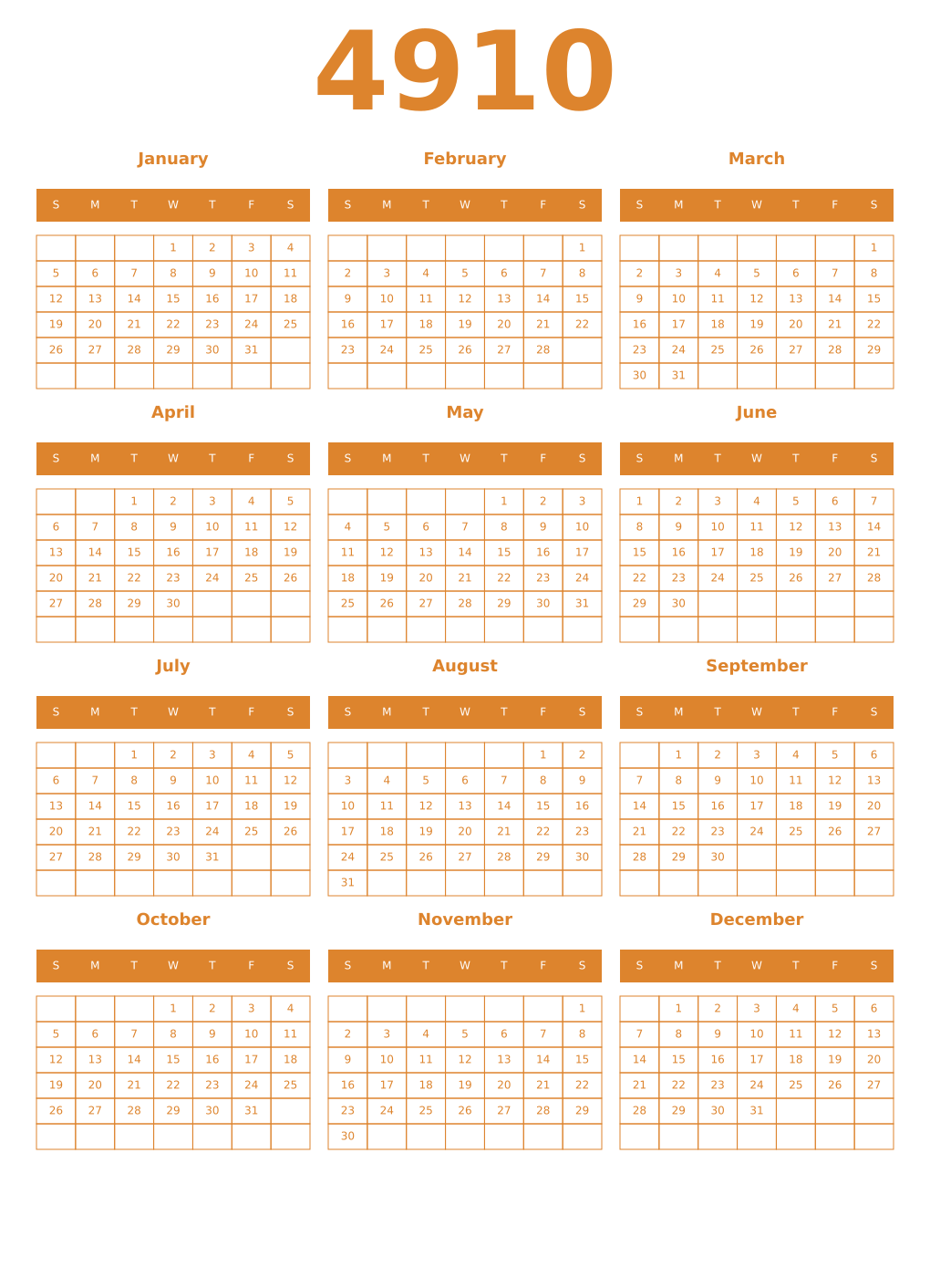 Printable 4910 Year Calendars orange