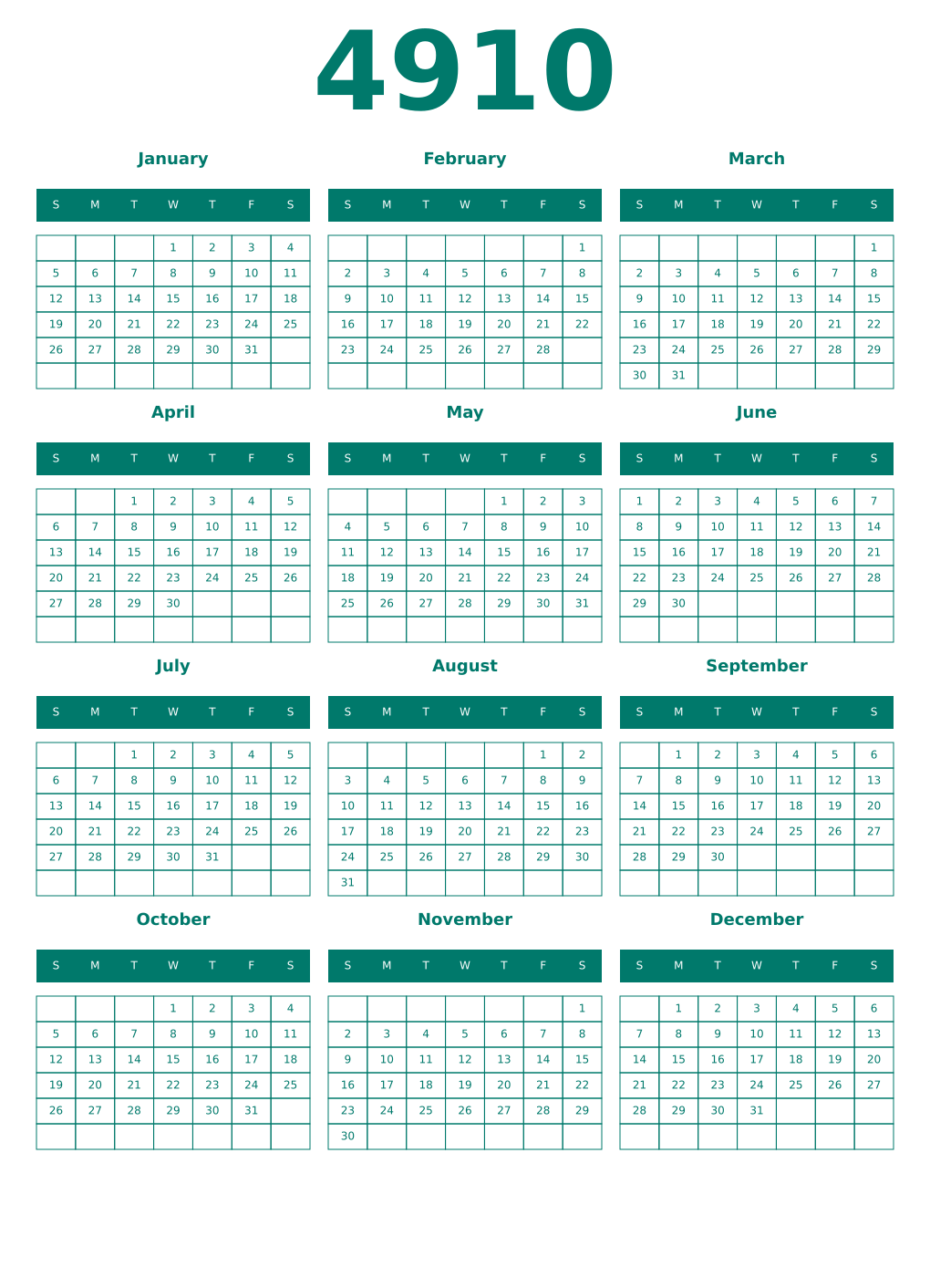 Printable 4910 Year Calendars pastel