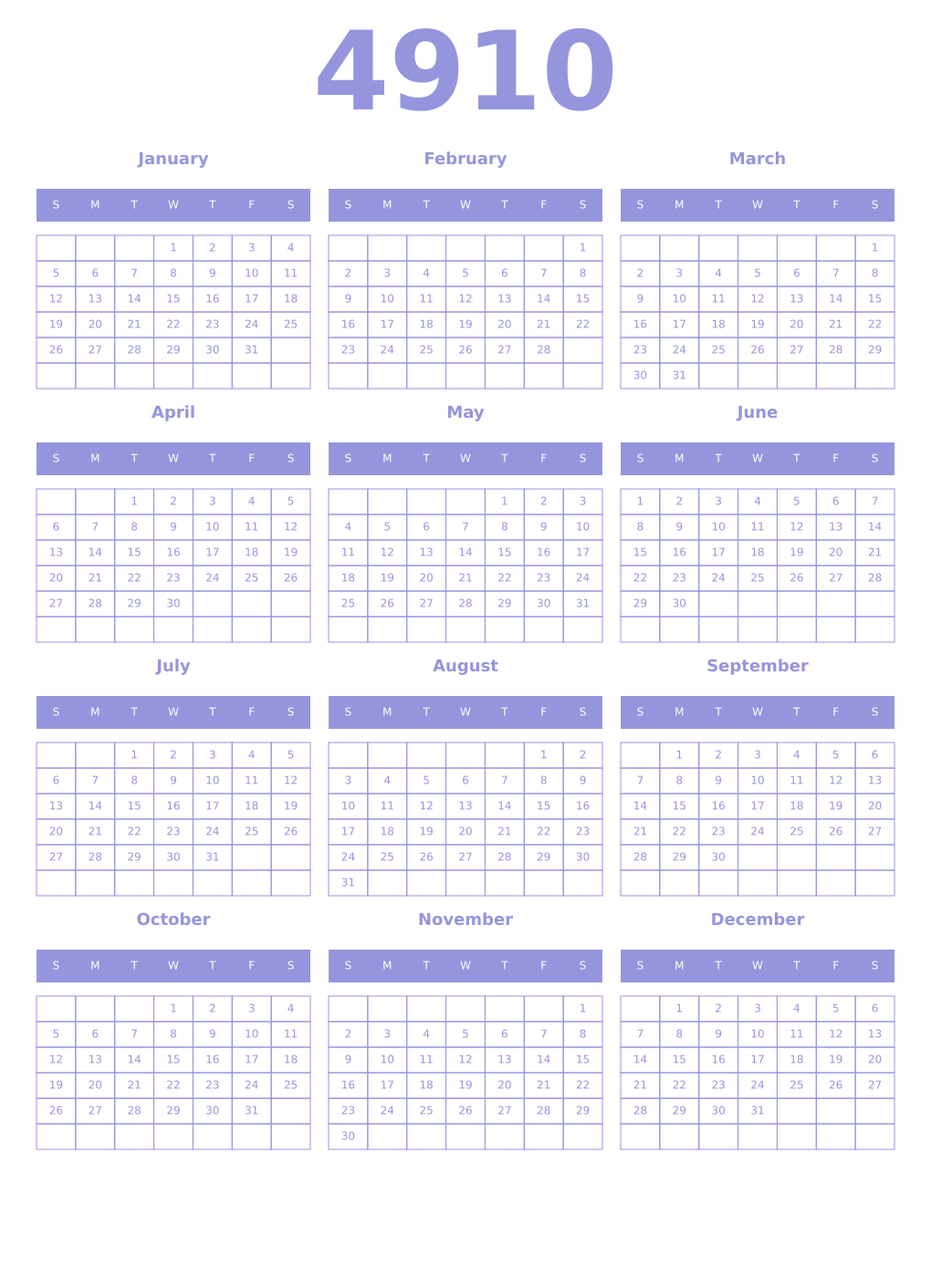 Printable 4910 Year Calendars periwinkle