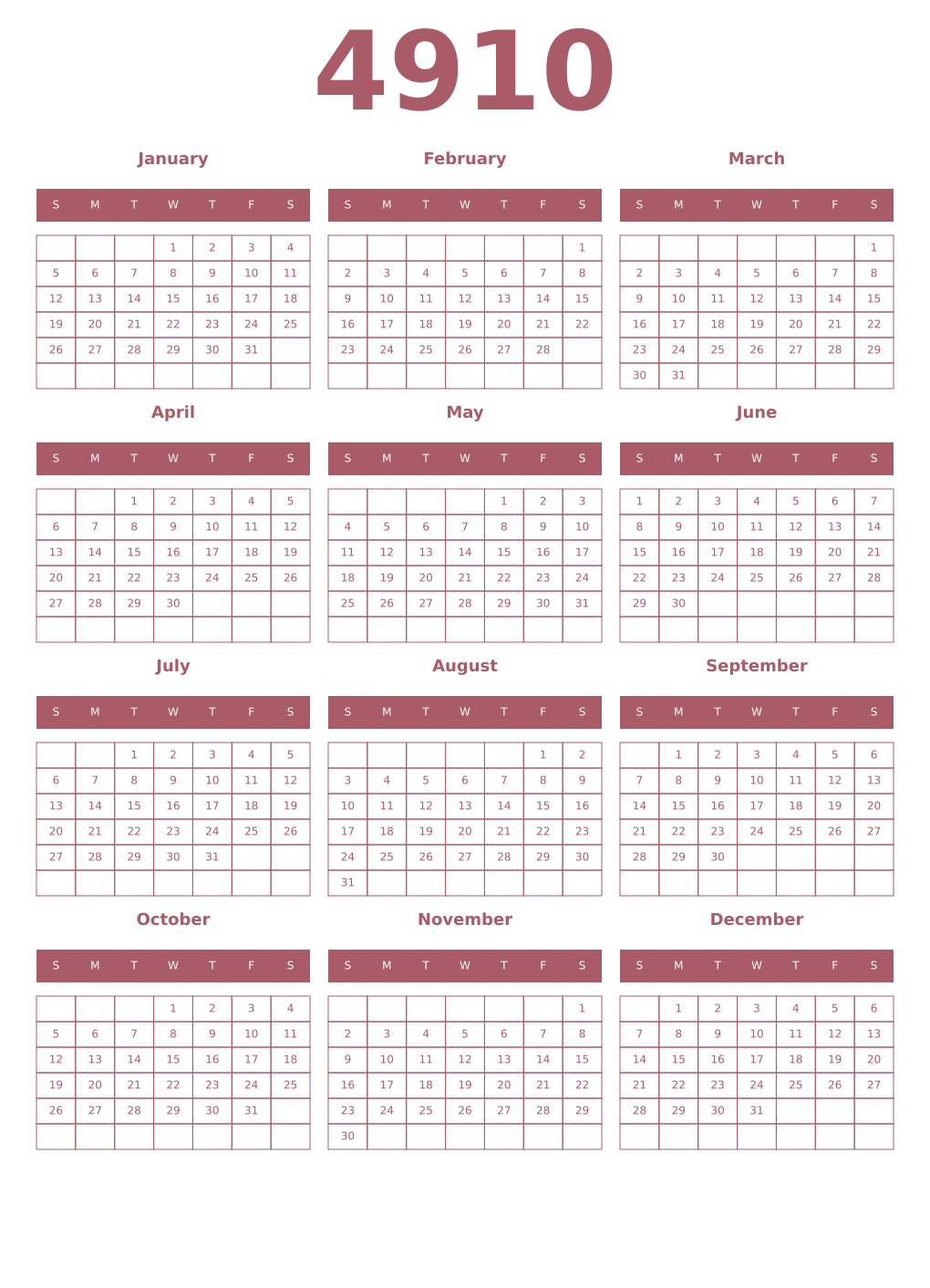 Printable 4910 Year Calendars puce
