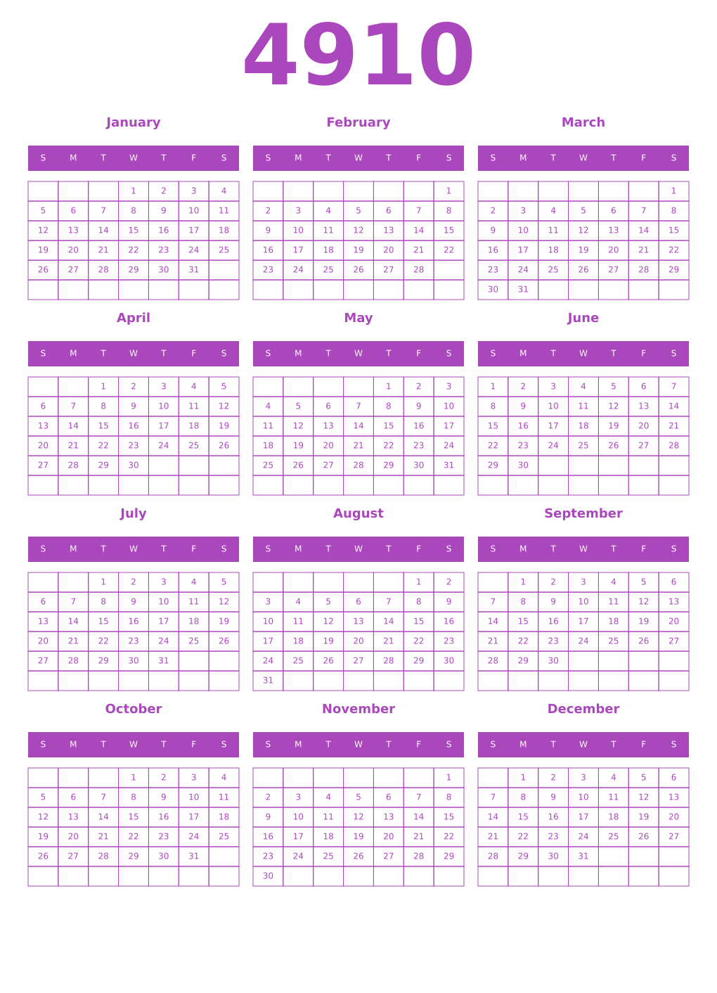 Printable 4910 Year Calendars purple