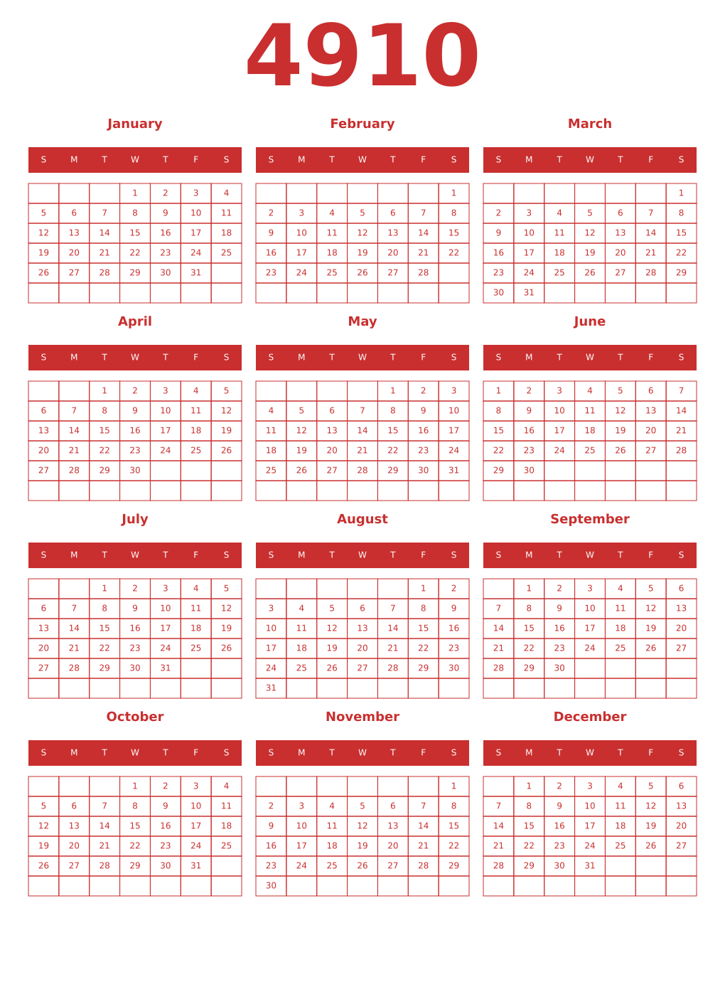 Printable 4910 Year Calendars red