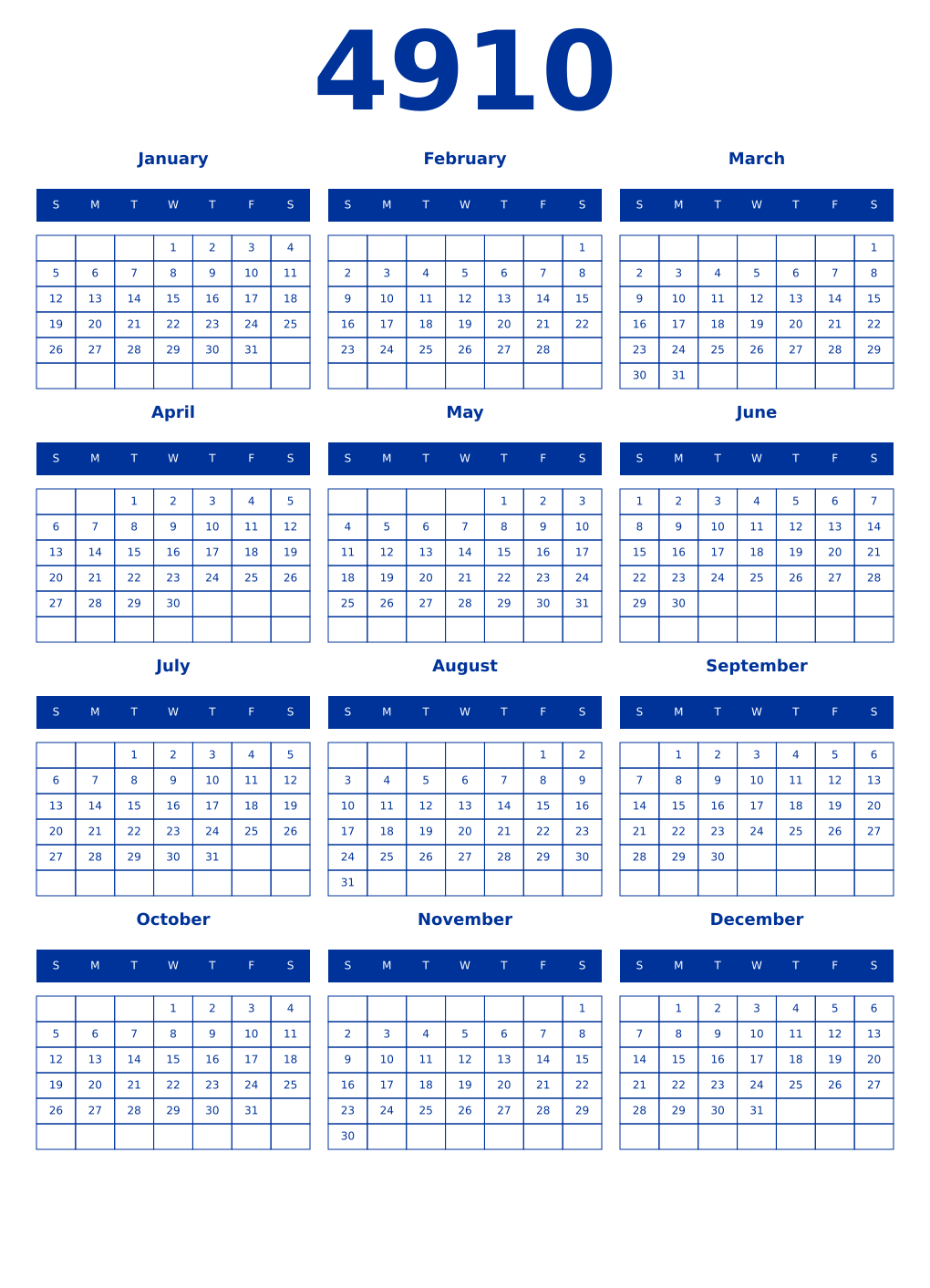 Printable 4910 Year Calendars smalt