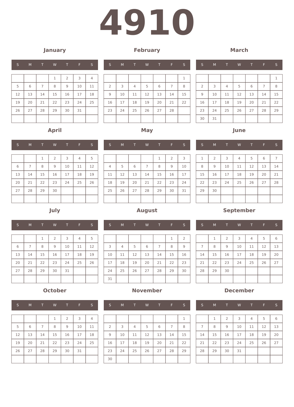 Printable 4910 Year Calendars wenge