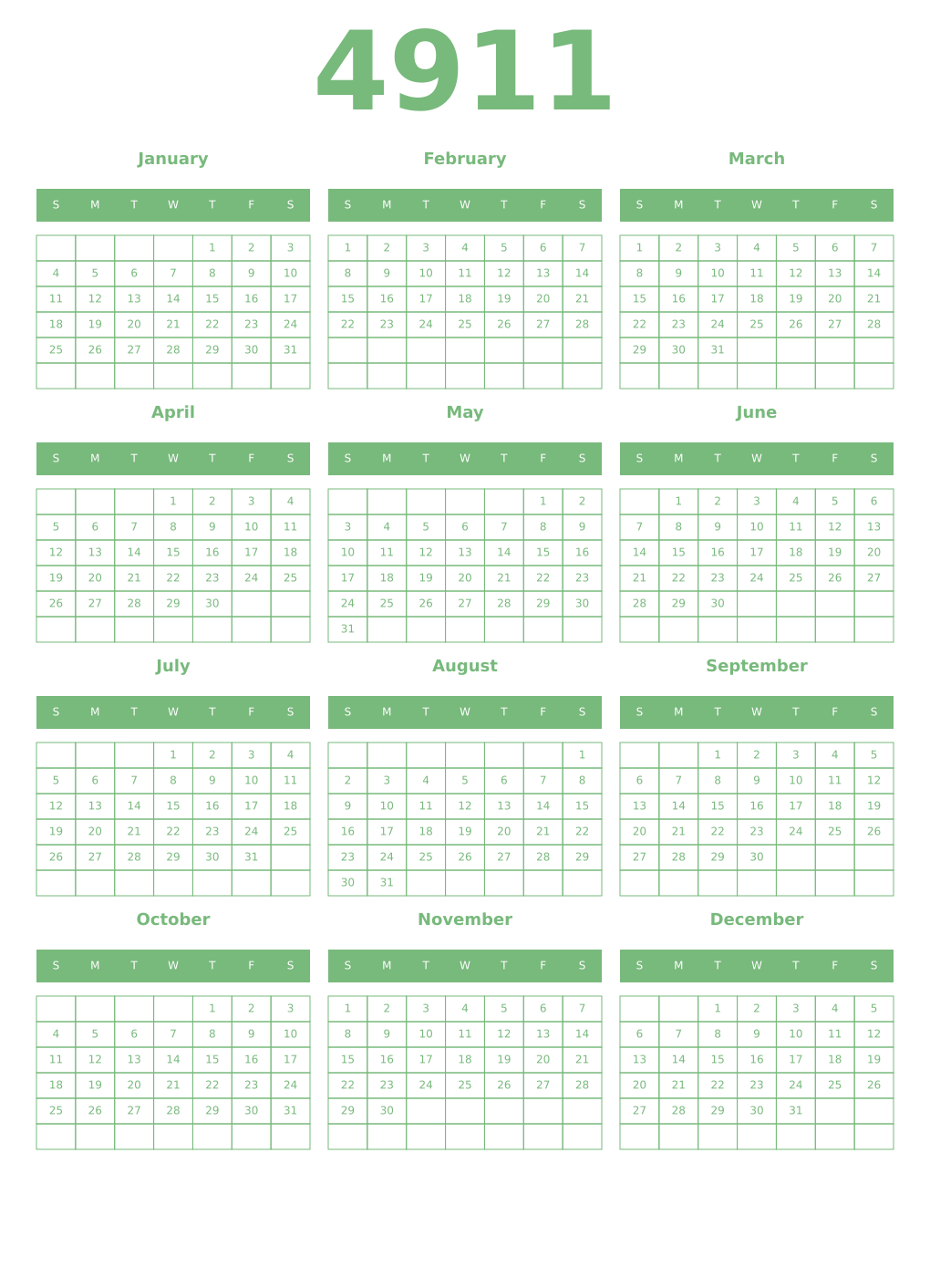 Printable 4911 Year Calendars celadon