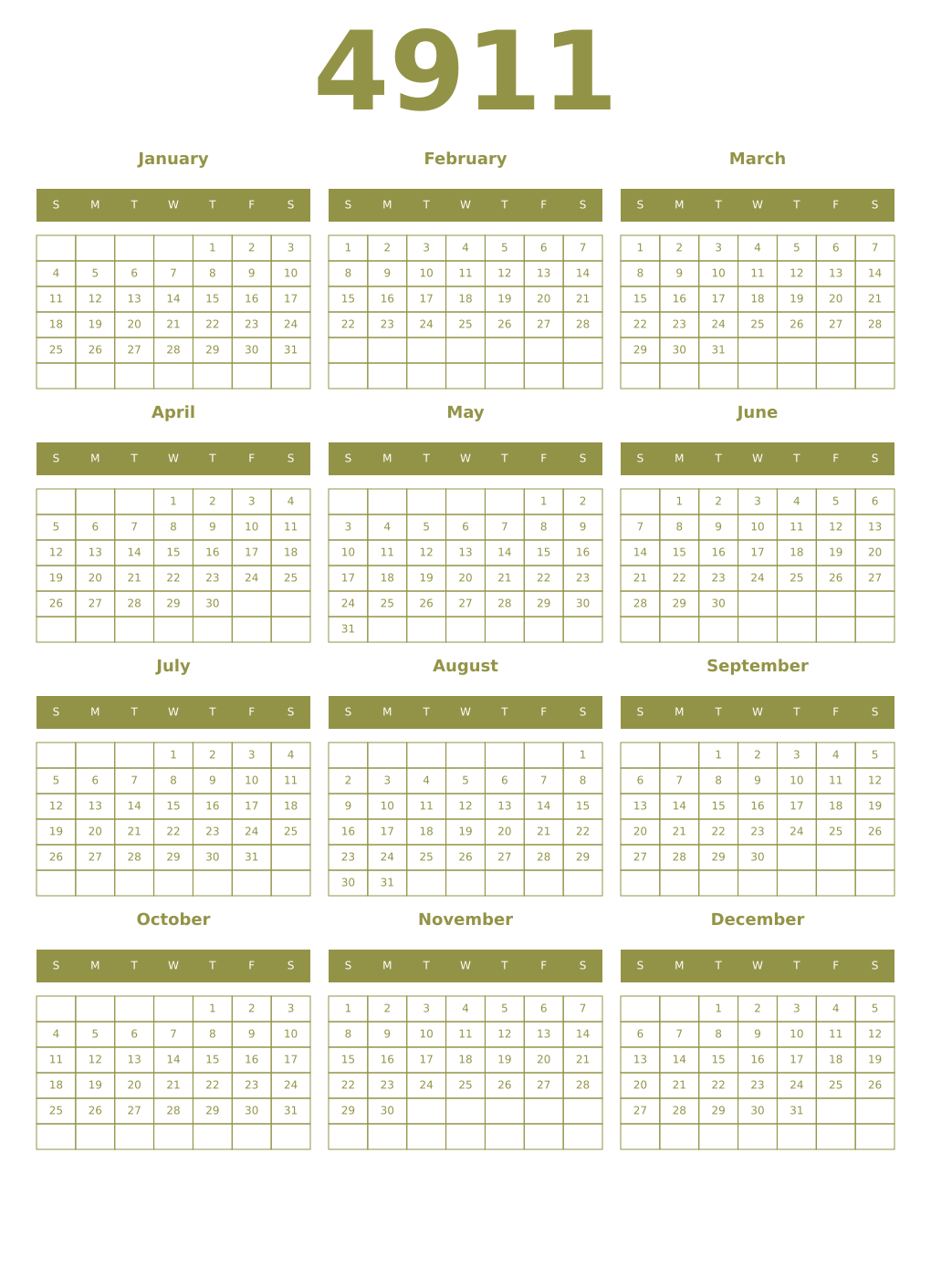 Printable 4911 Year Calendars eburnean