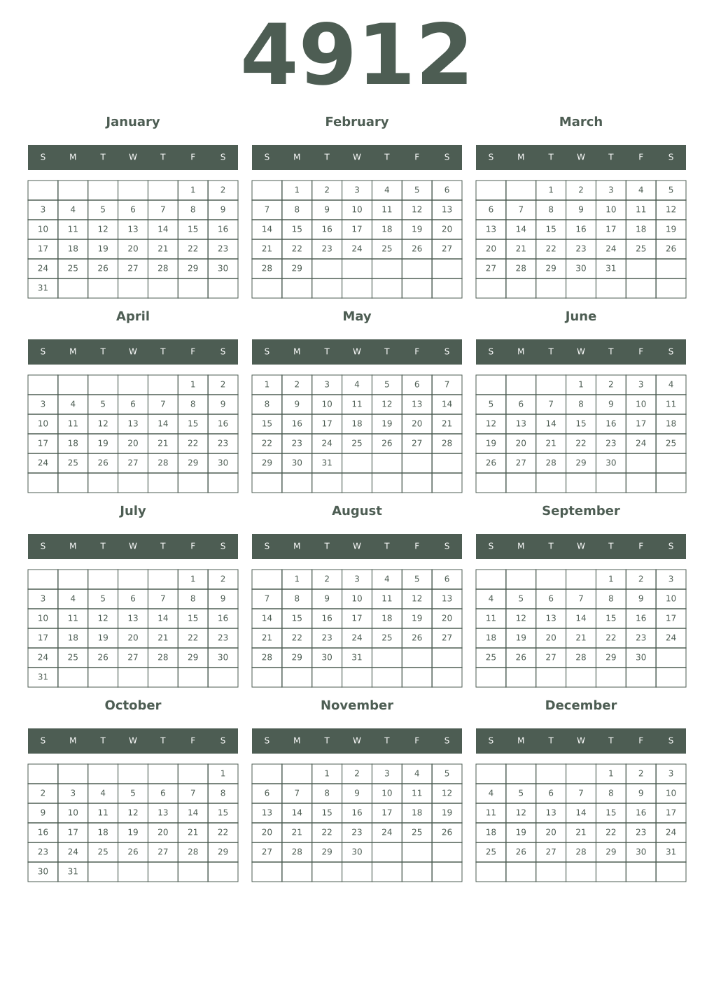 Printable 4912 Year Calendars feldgrau