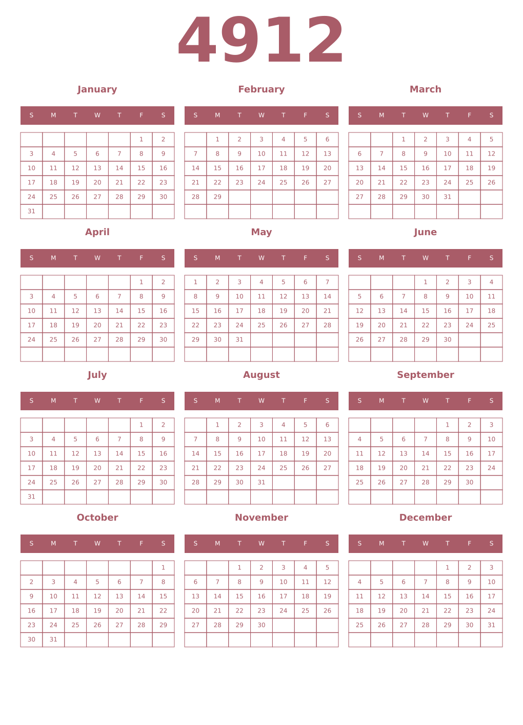 Printable 4912 Year Calendars puce