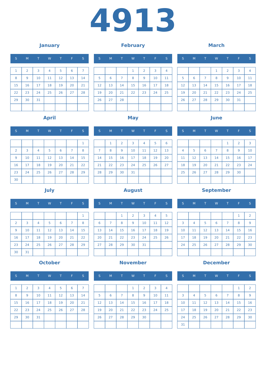 Printable 4913 Year Calendars blue