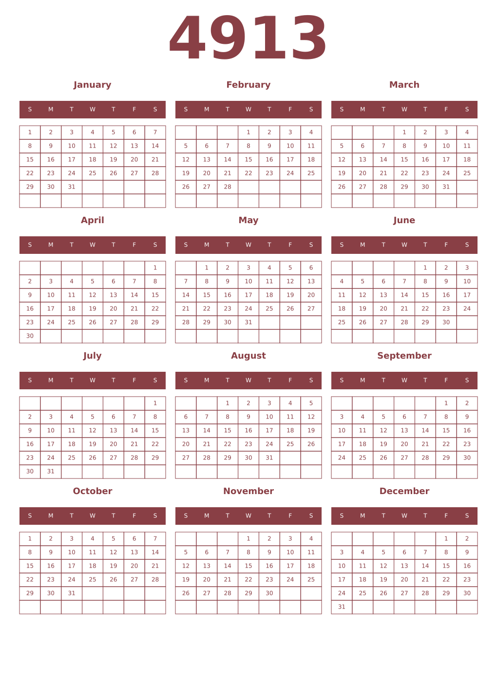 Printable 4913 Year Calendars cordovan