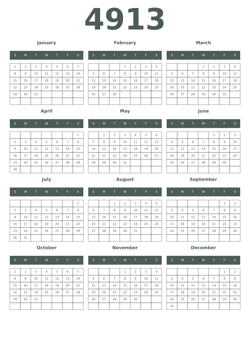 Printable 4913 Year Calendars feldgrau