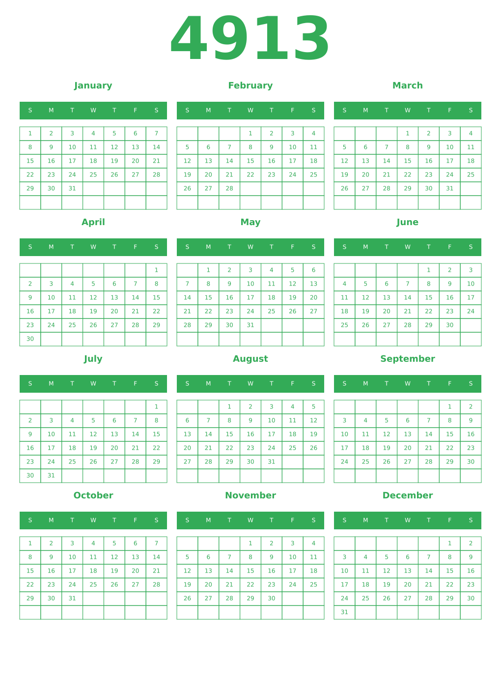 Printable 4913 Year Calendars green