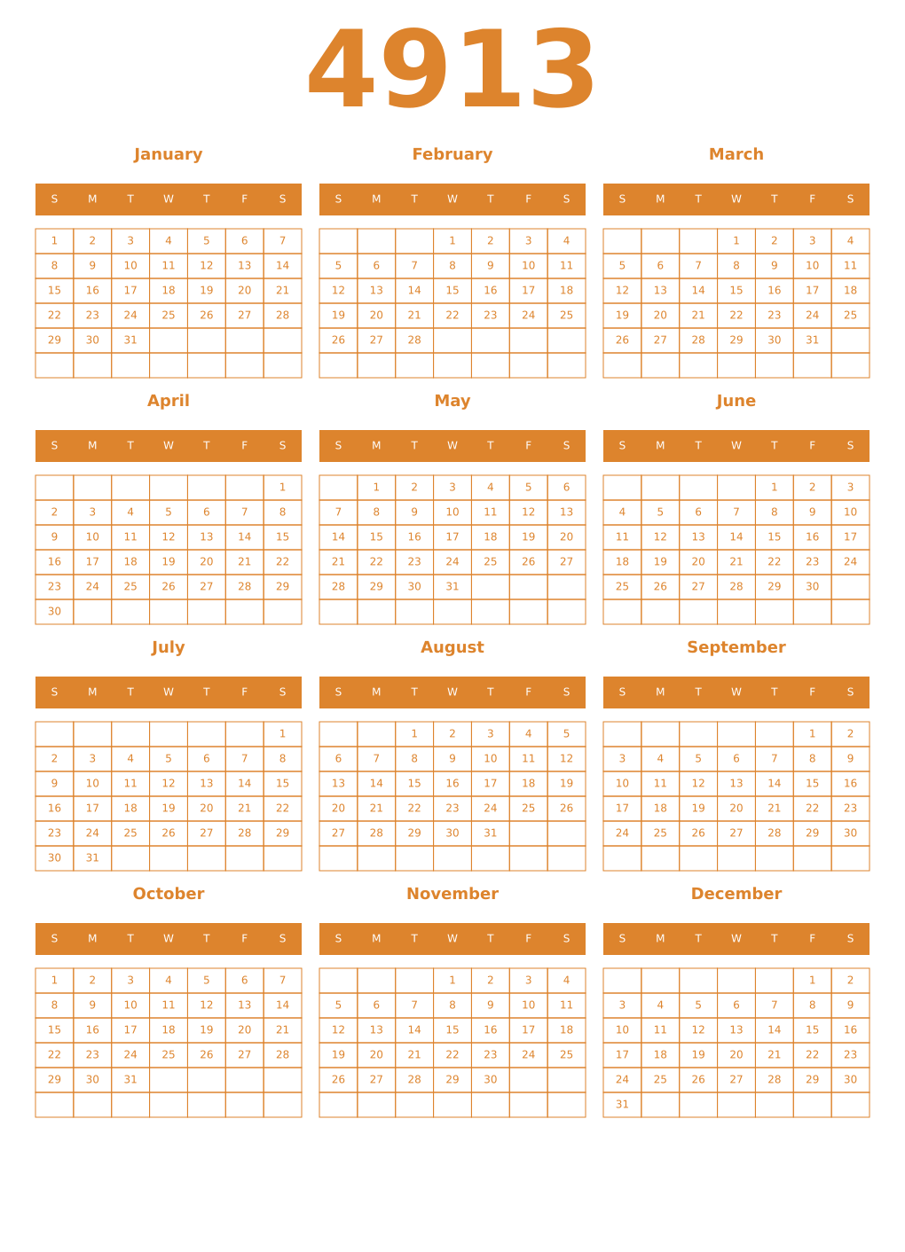 Printable 4913 Year Calendars orange