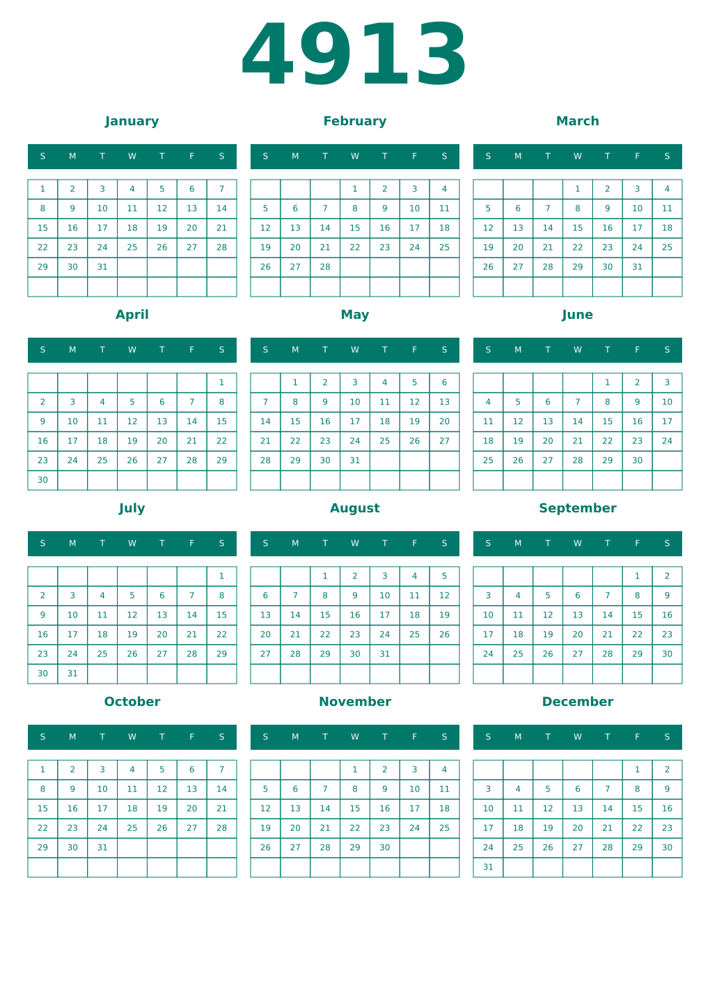 Printable 4913 Year Calendars pastel