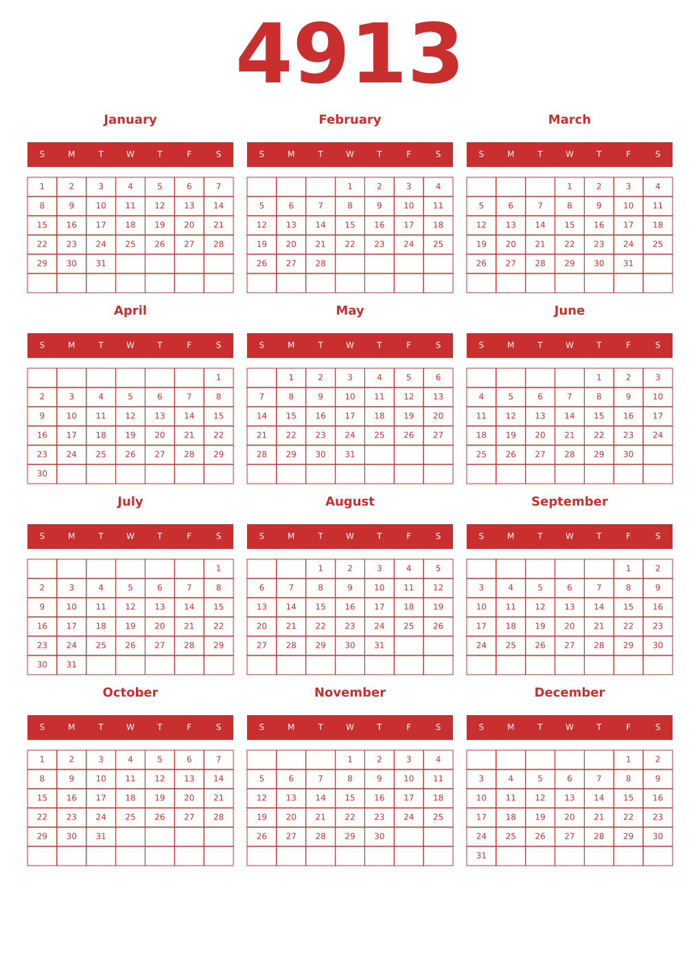 Printable 4913 Year Calendars red