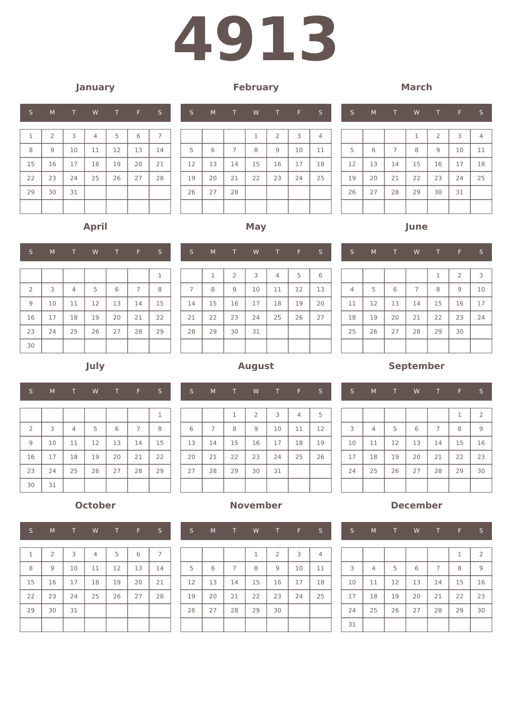 Printable 4913 Year Calendars wenge