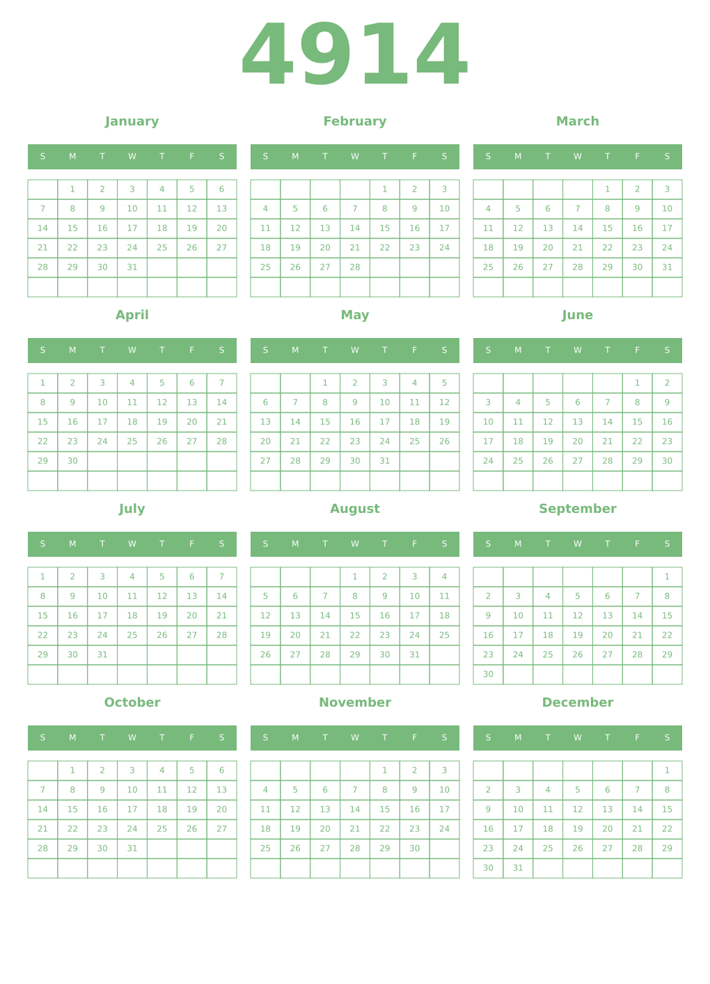 Printable 4914 Year Calendars celadon