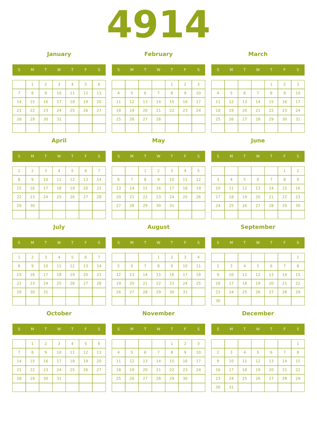 Printable 4914 Year Calendars chartreuse