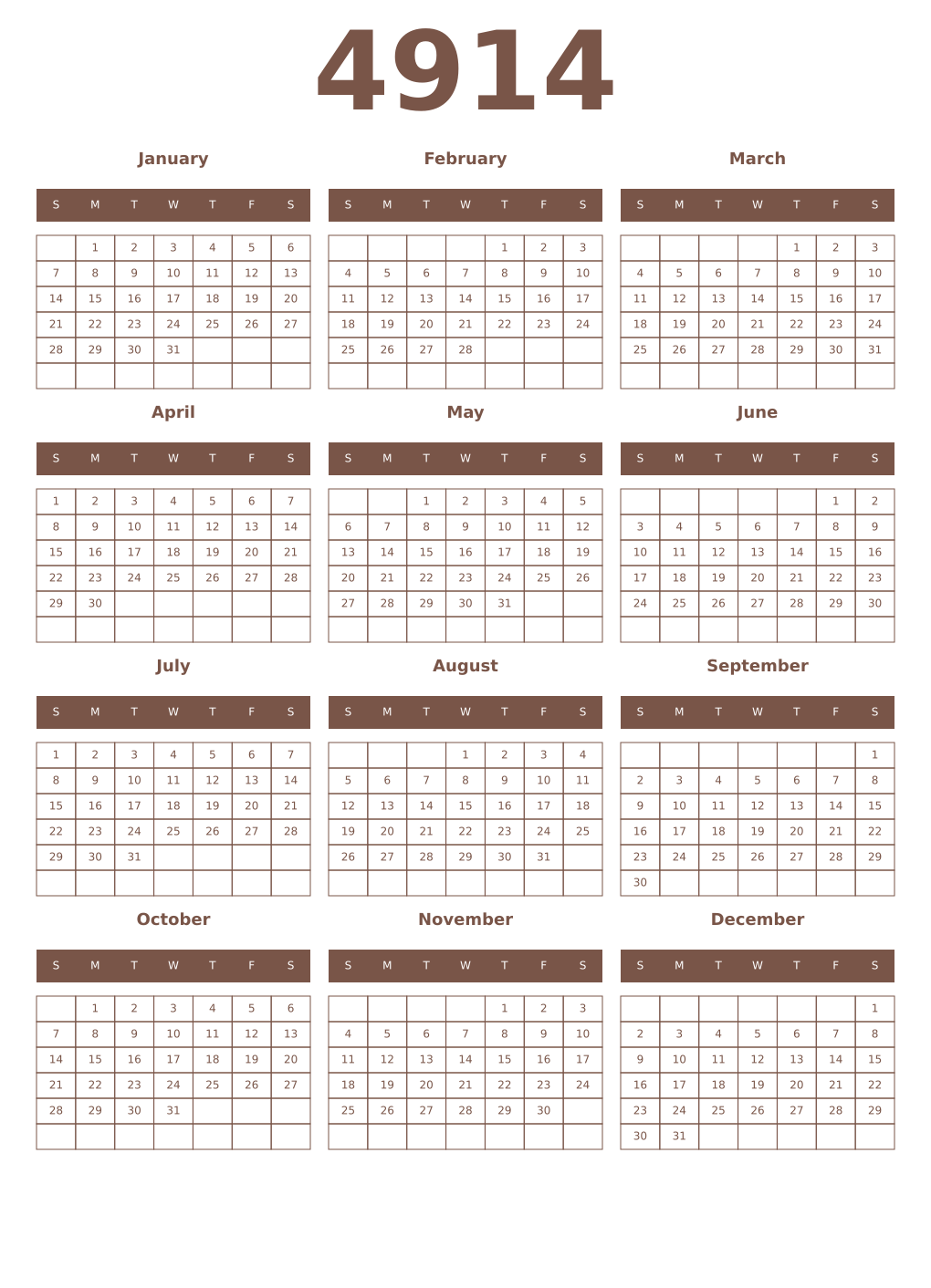 Printable 4914 Year Calendars coffe