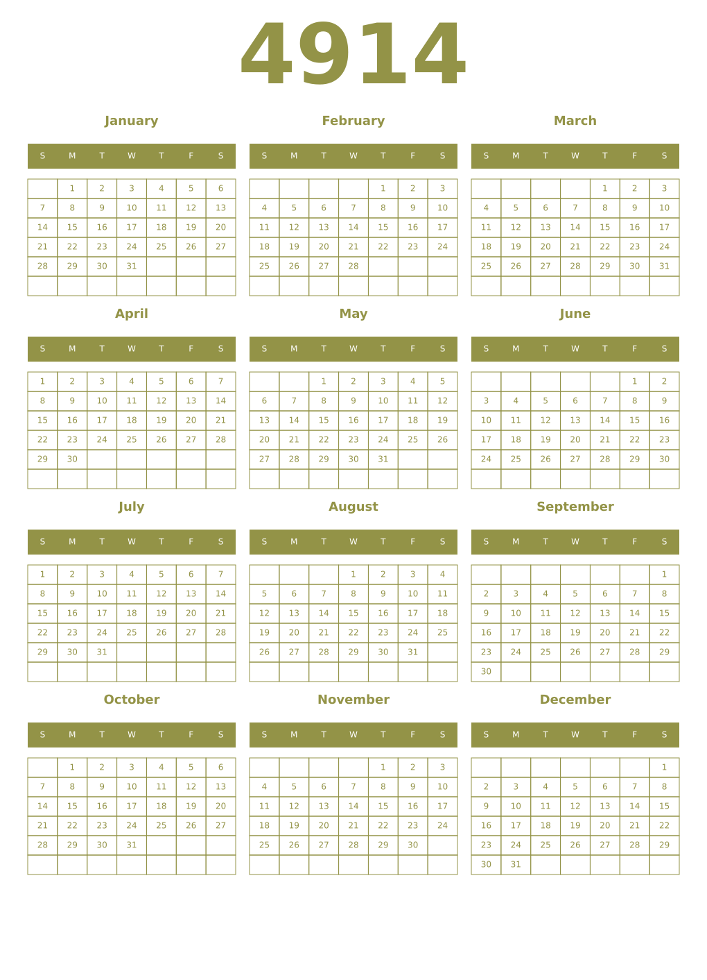 Printable 4914 Year Calendars eburnean