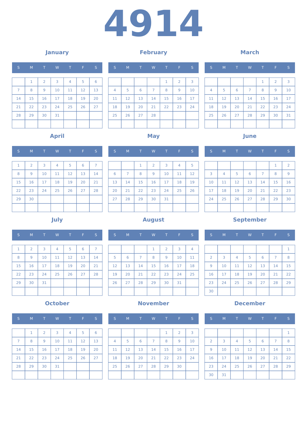Printable 4914 Year Calendars glaucous