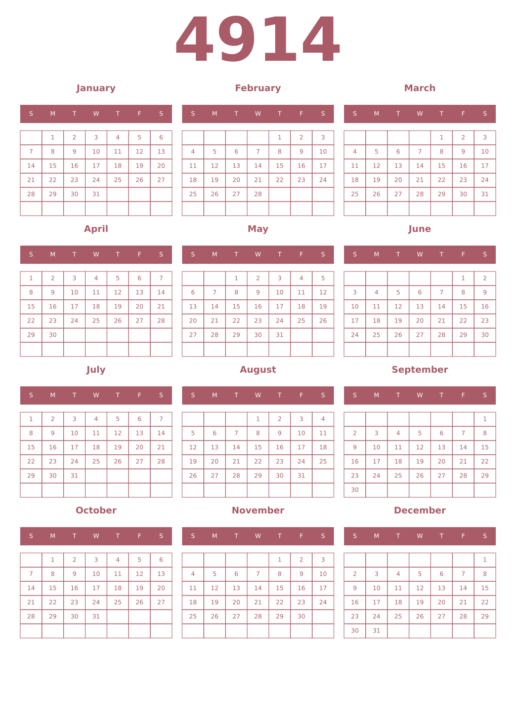 Printable 4914 Year Calendars puce