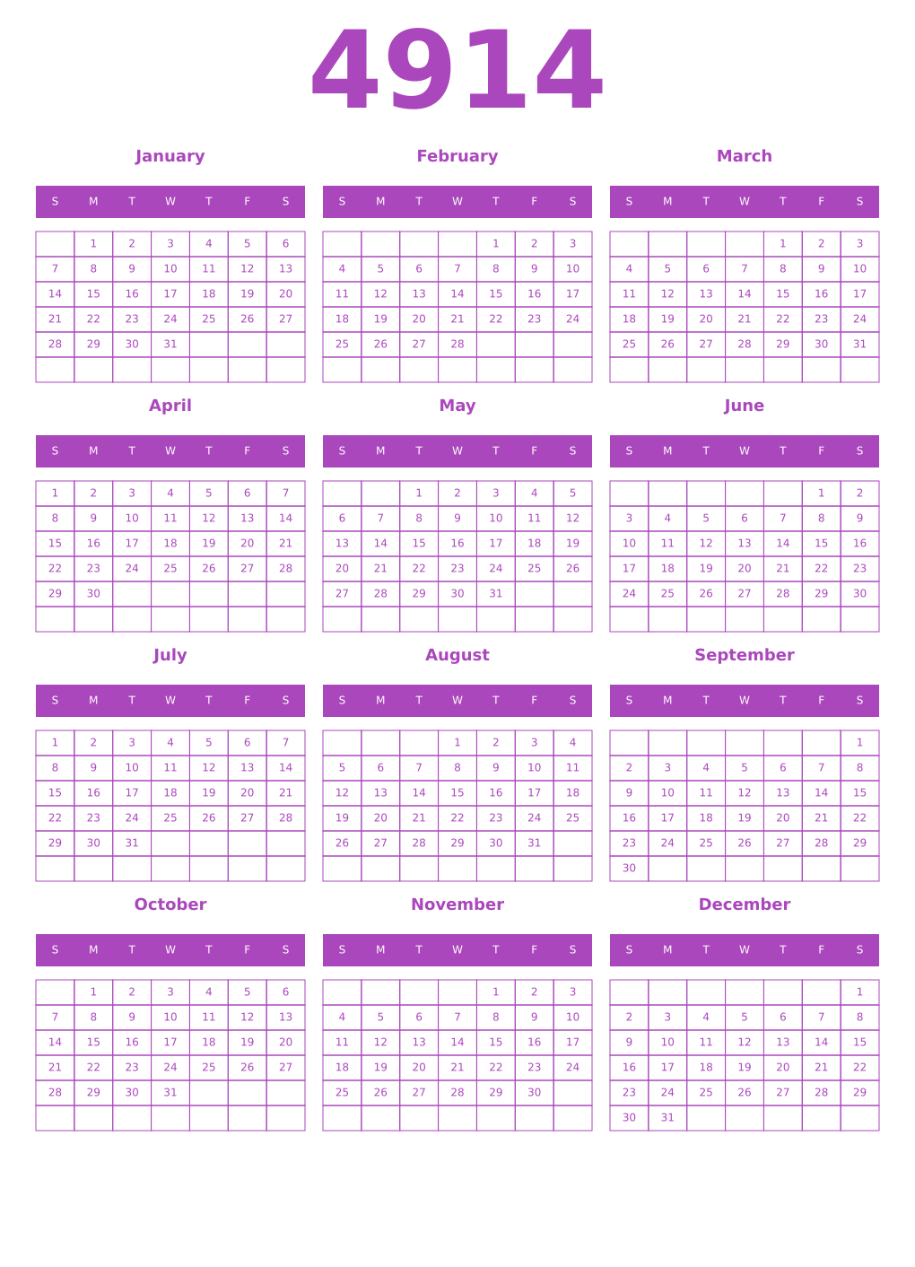 Printable 4914 Year Calendars purple