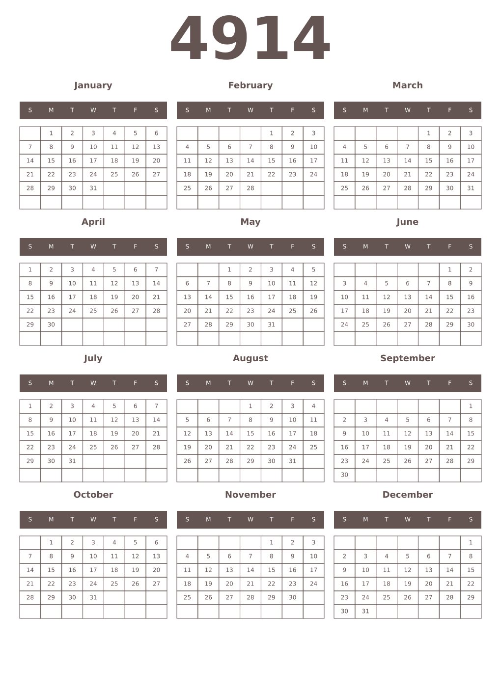 Printable 4914 Year Calendars wenge
