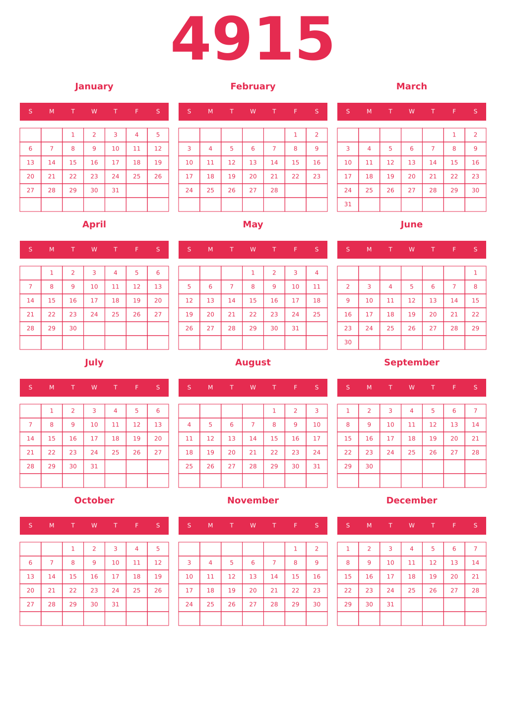 Printable 4915 Year Calendars amaranth
