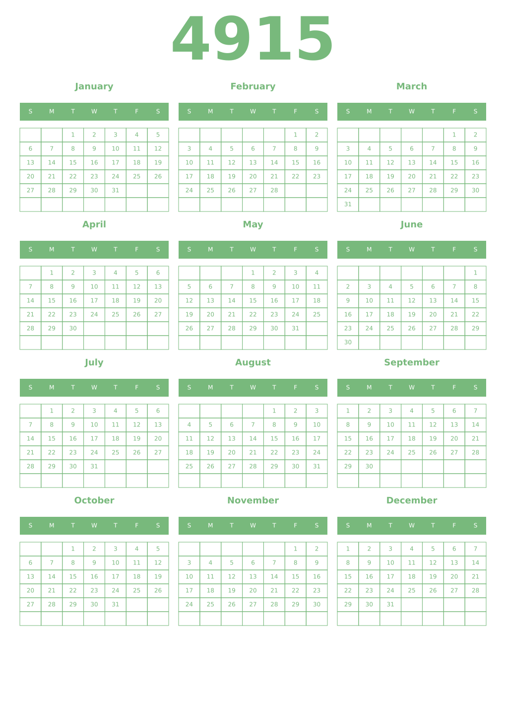 Printable 4915 Year Calendars celadon
