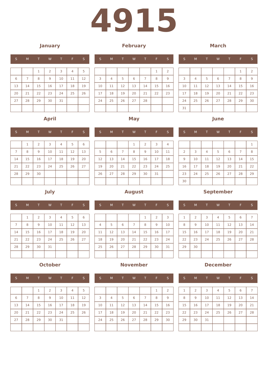 Printable 4915 Year Calendars coffe
