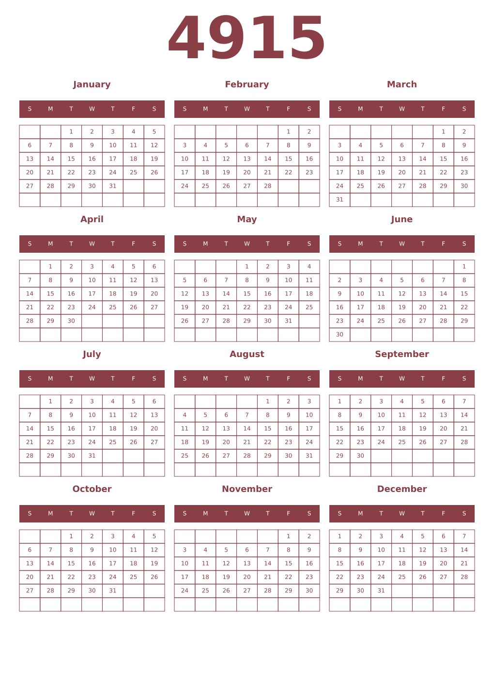 Printable 4915 Year Calendars cordovan