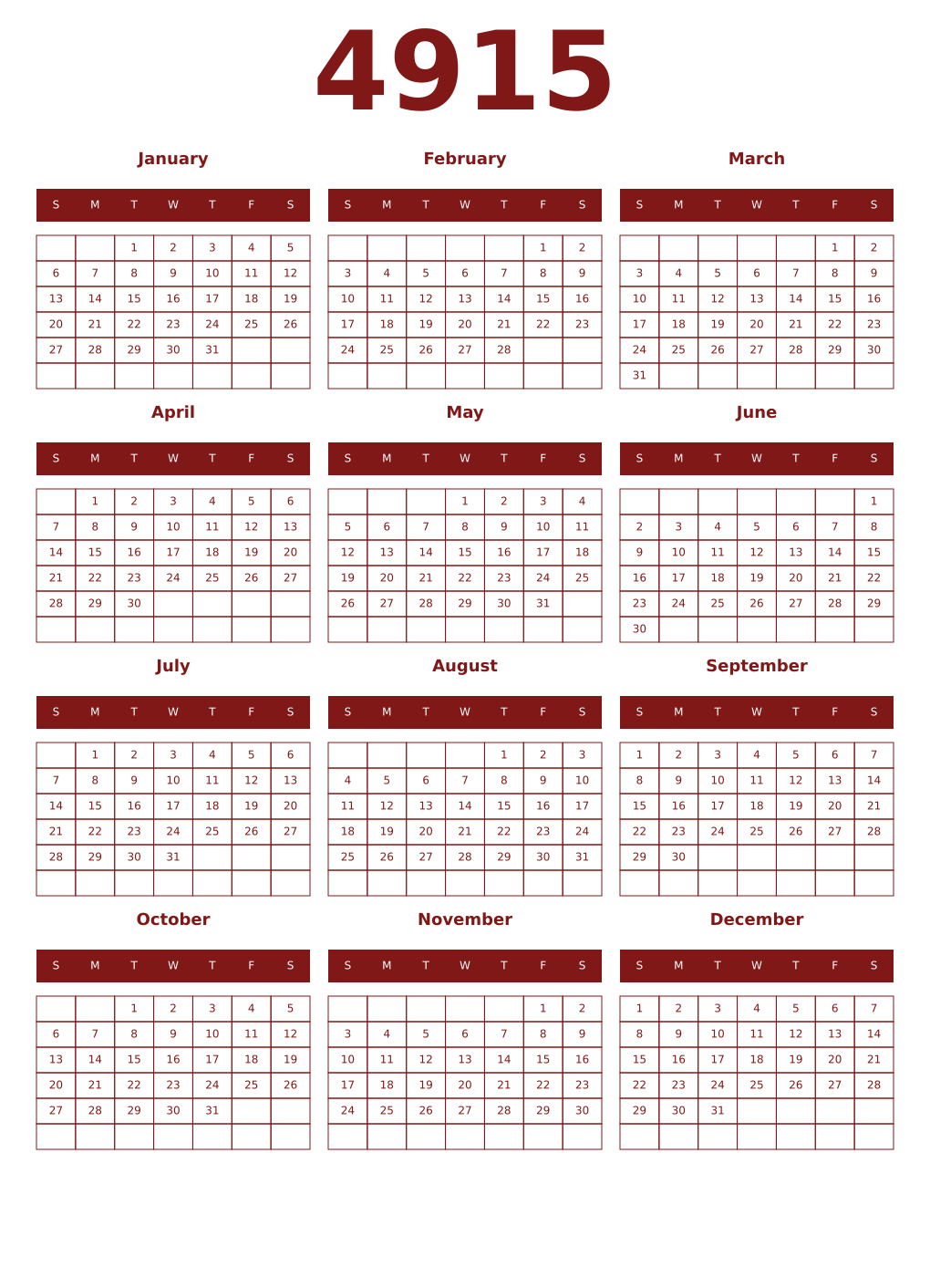 Printable 4915 Year Calendars falu