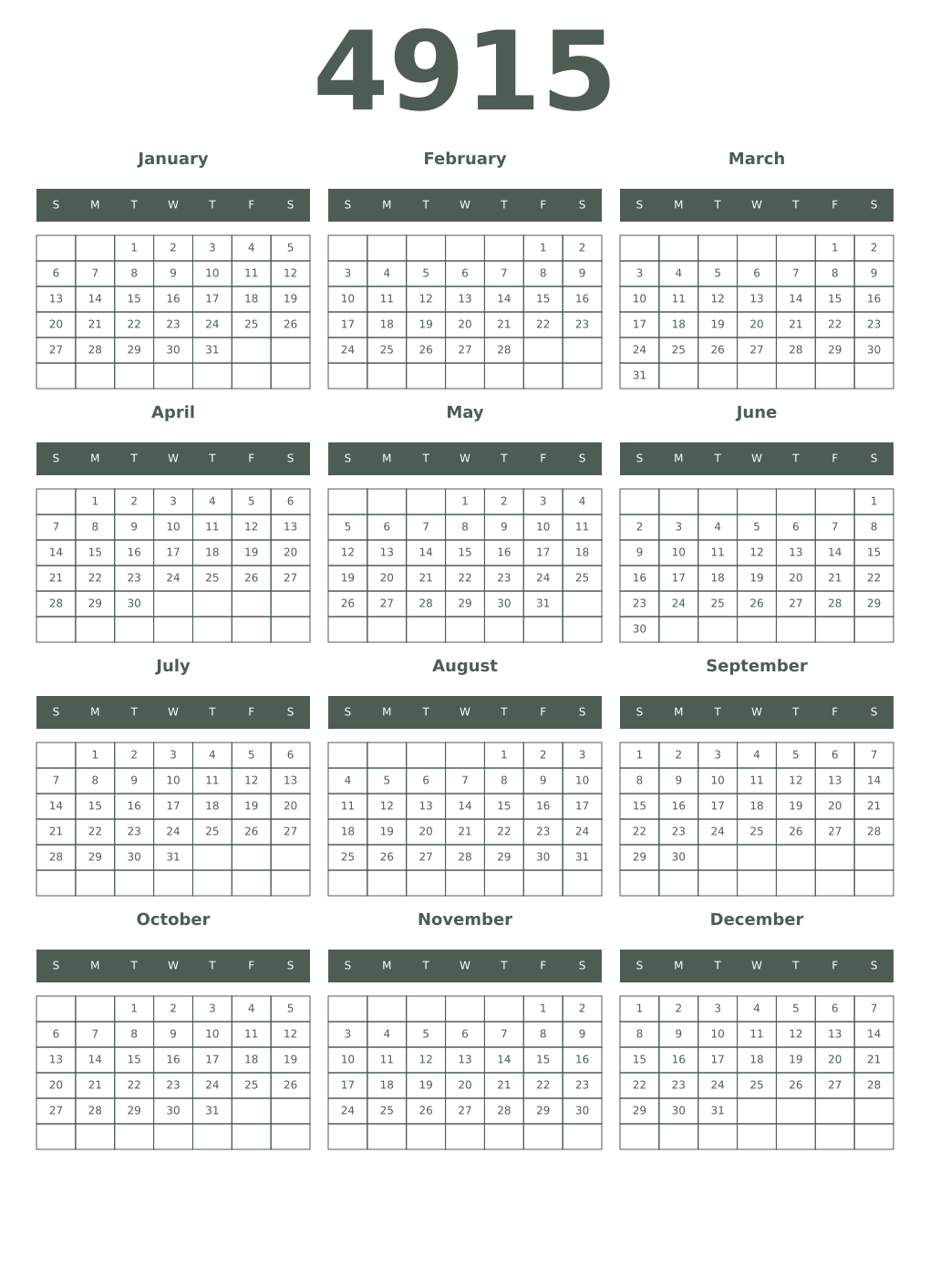 Printable 4915 Year Calendars feldgrau