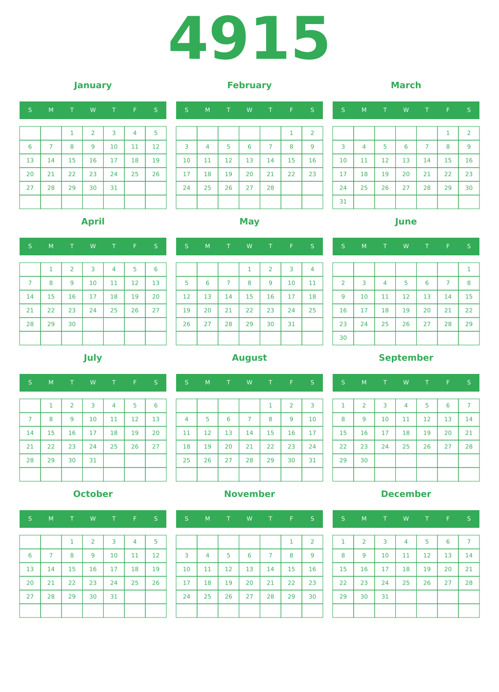 Printable 4915 Year Calendars green