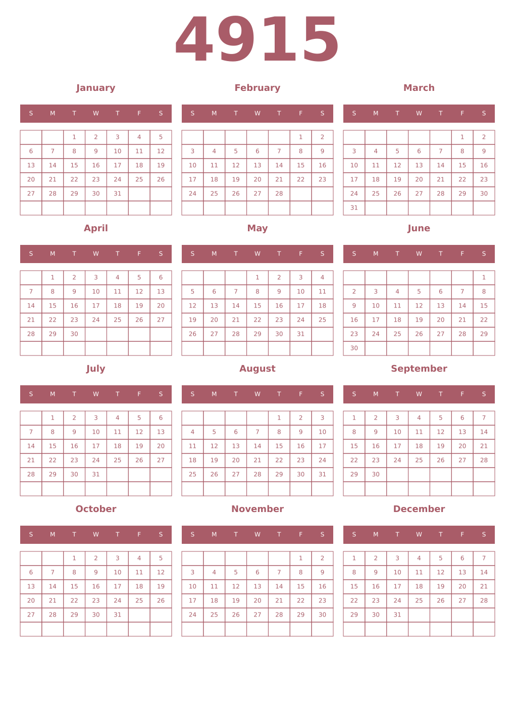 Printable 4915 Year Calendars puce