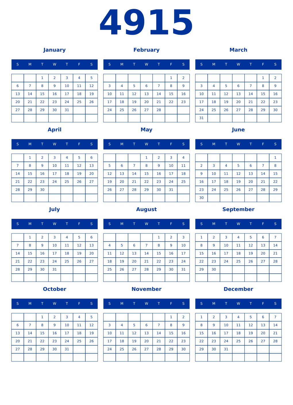 Printable 4915 Year Calendars smalt