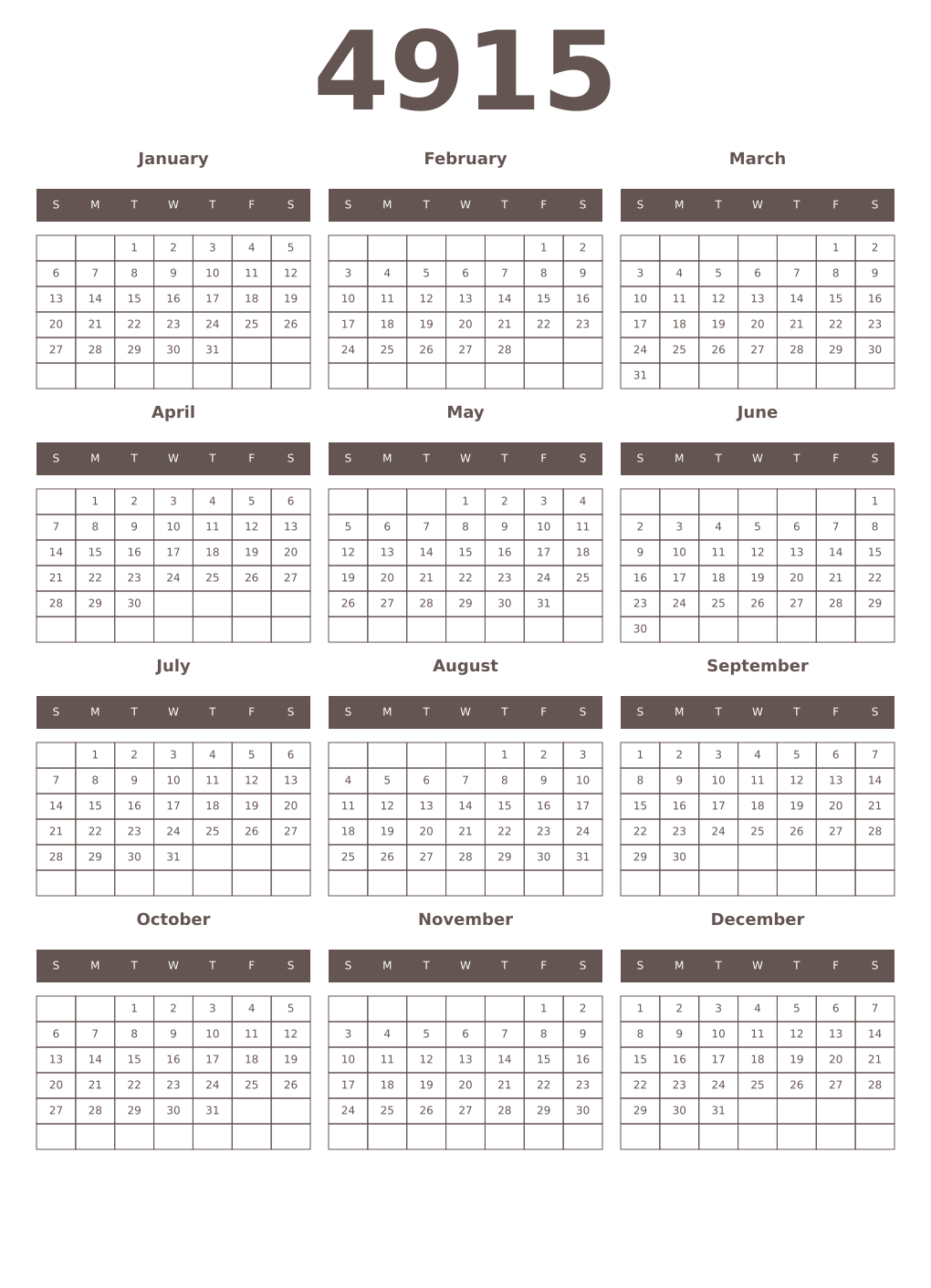 Printable 4915 Year Calendars wenge