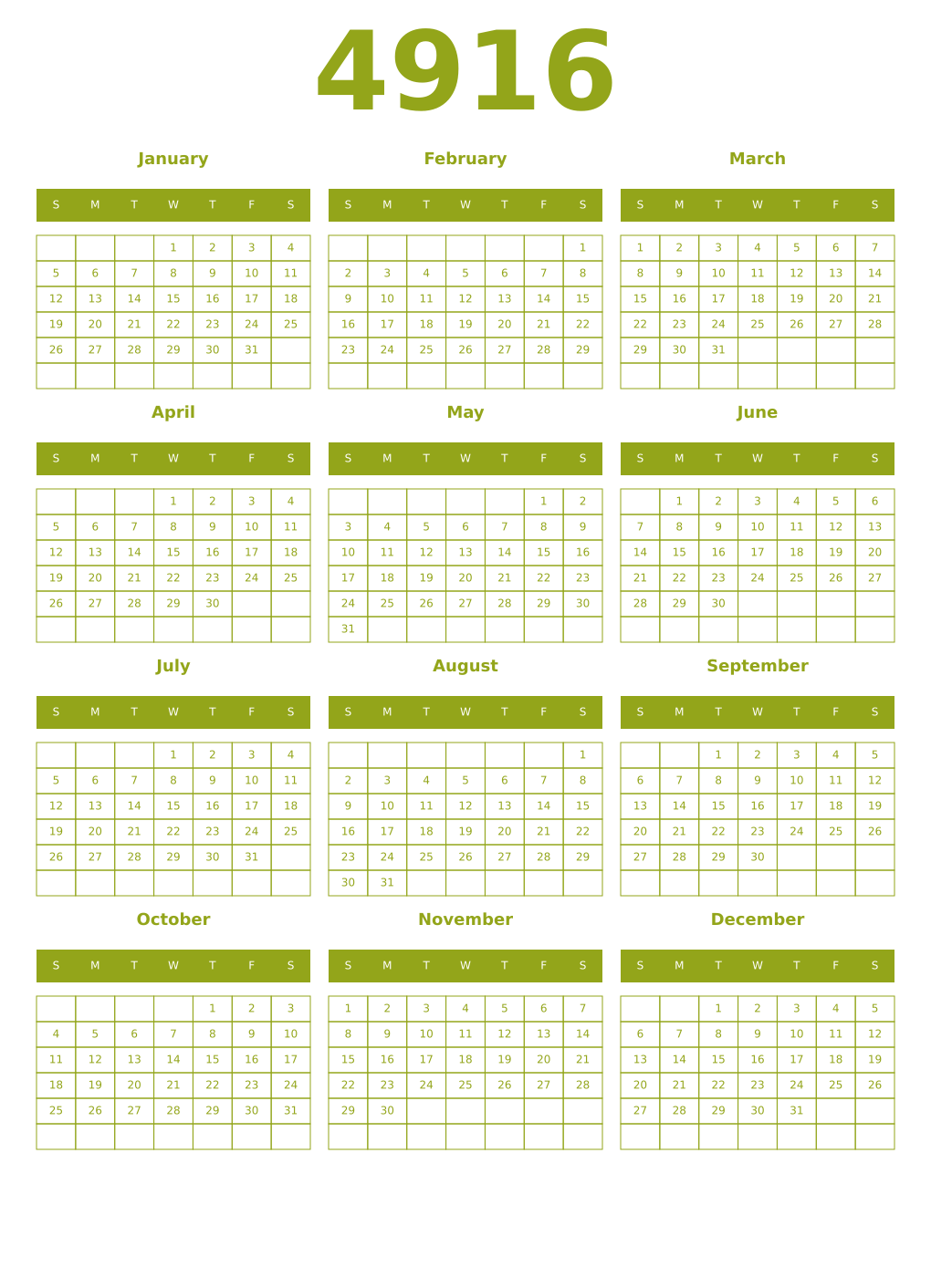 Printable 4916 Year Calendars chartreuse