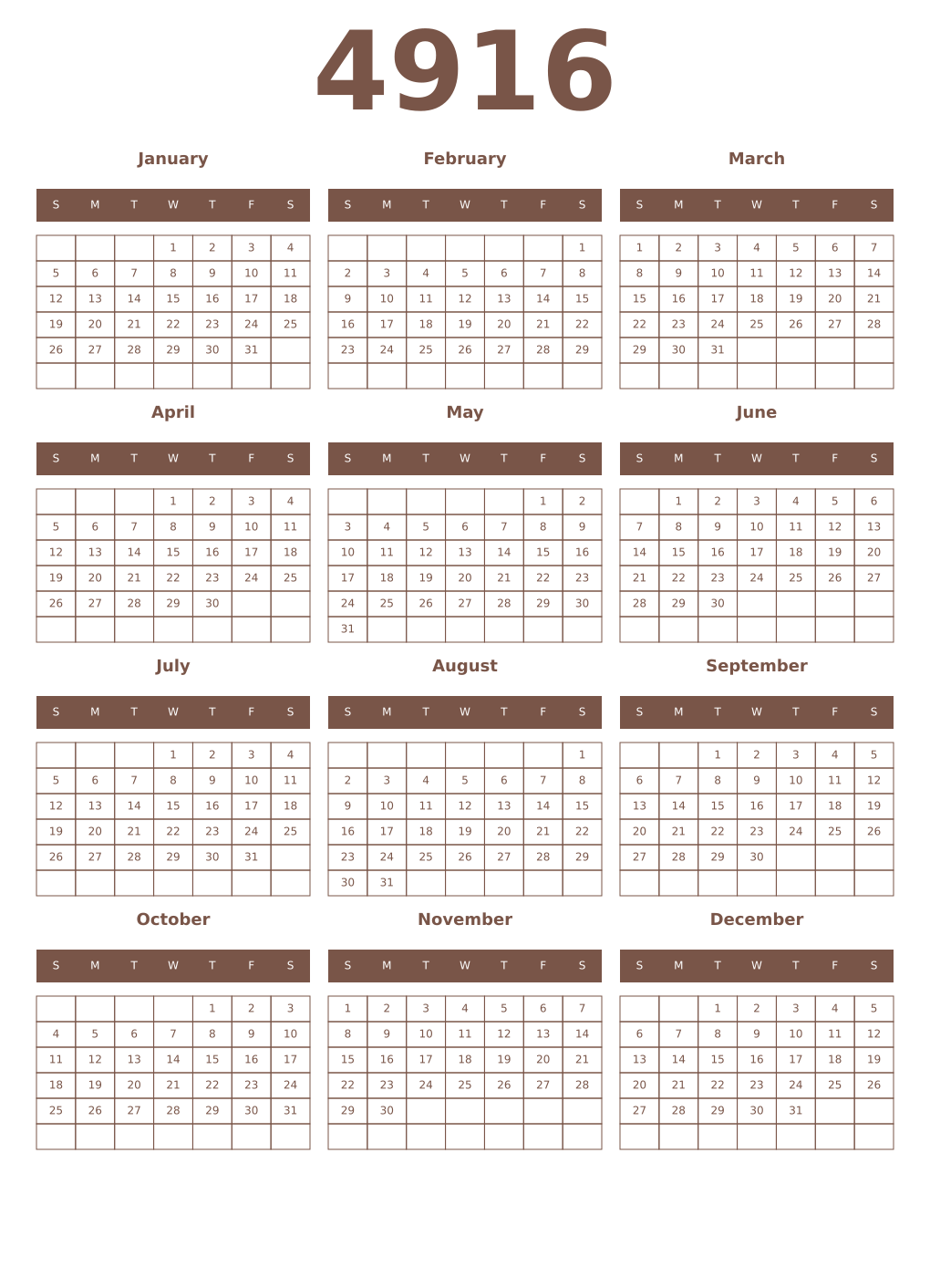 Printable 4916 Year Calendars coffe