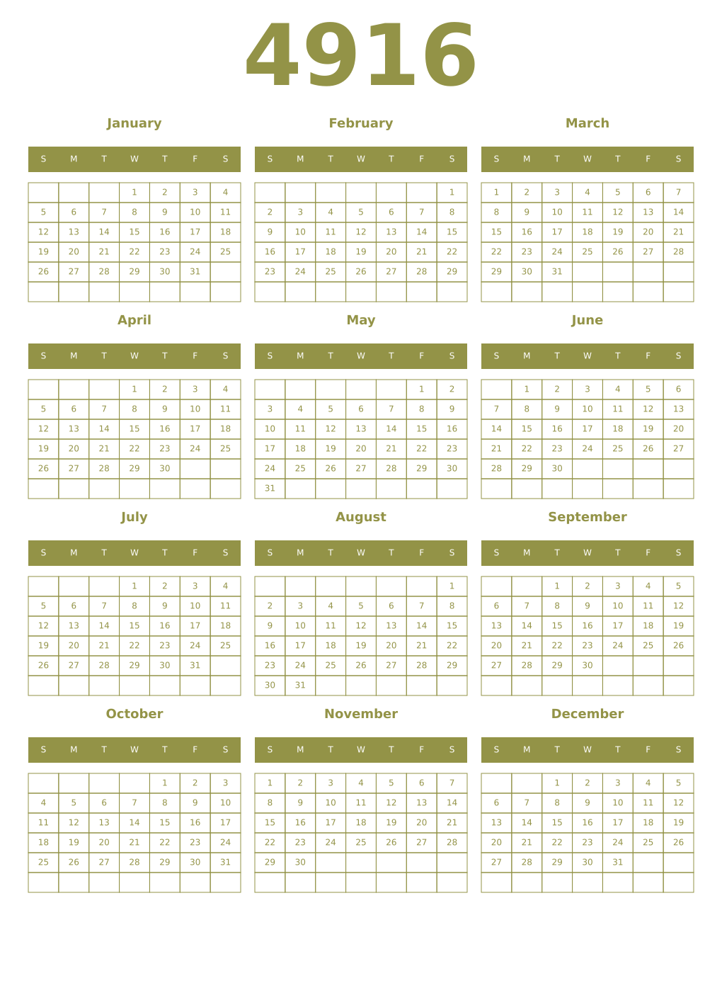 Printable 4916 Year Calendars eburnean