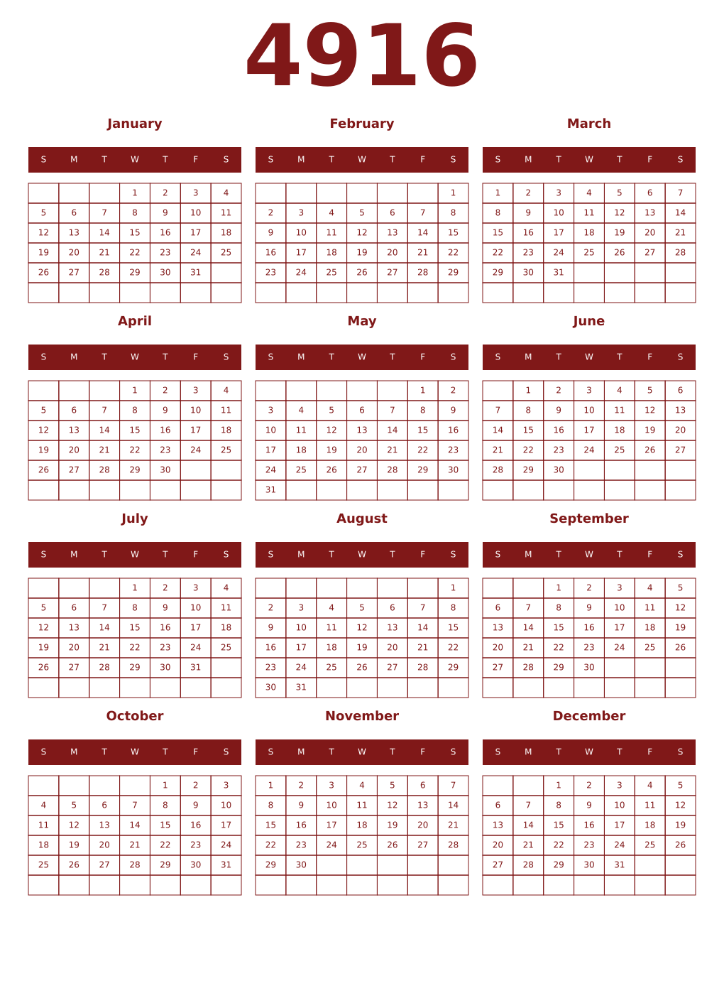 Printable 4916 Year Calendars falu
